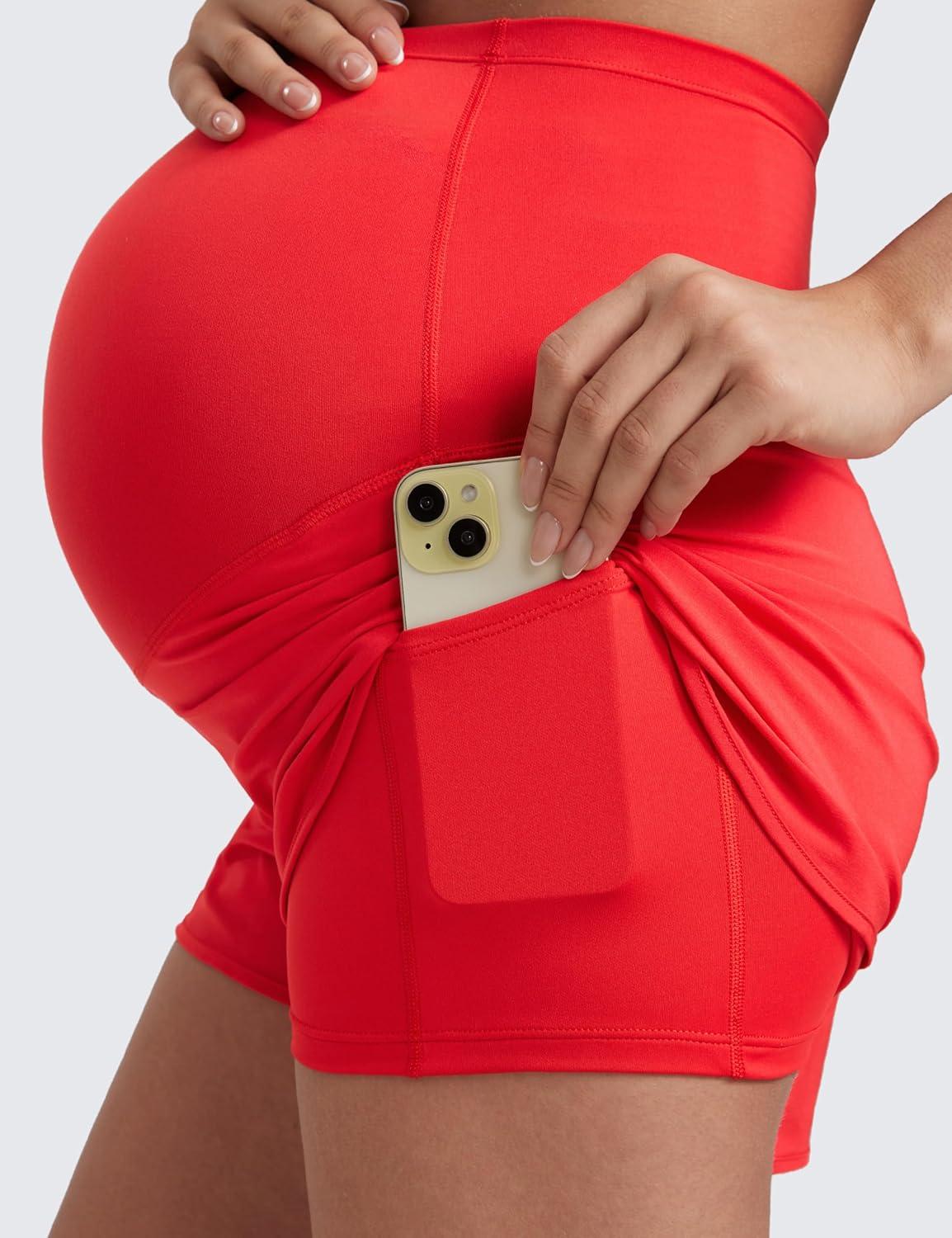 imageCRZ YOGA Lightweight Maternity Dolphin Workout Shorts 3 Soft Athletic Running Casual Womens Pregnancy with Liner PocketsDeep Red