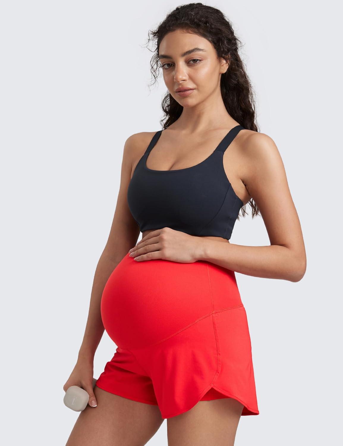 imageCRZ YOGA Lightweight Maternity Dolphin Workout Shorts 3 Soft Athletic Running Casual Womens Pregnancy with Liner PocketsDeep Red
