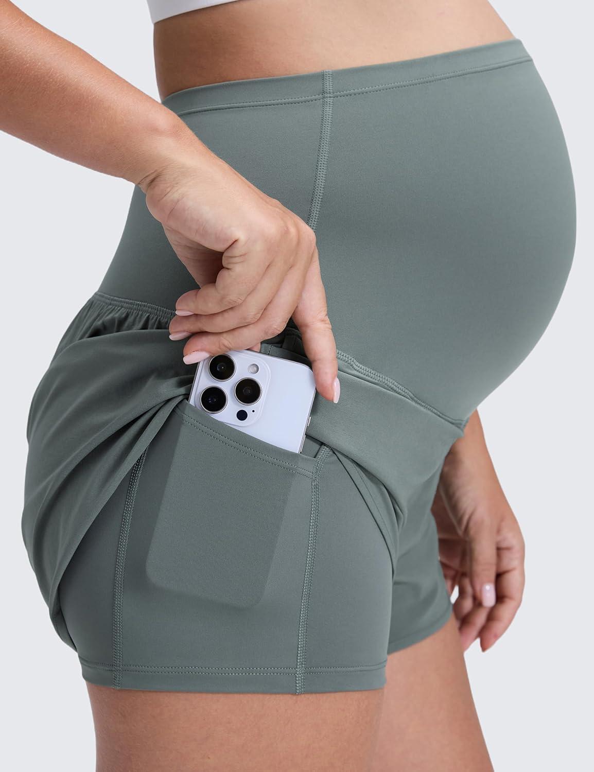 imageCRZ YOGA Lightweight Maternity Dolphin Workout Shorts 3 Soft Athletic Running Casual Womens Pregnancy with Liner PocketsGrey Sage