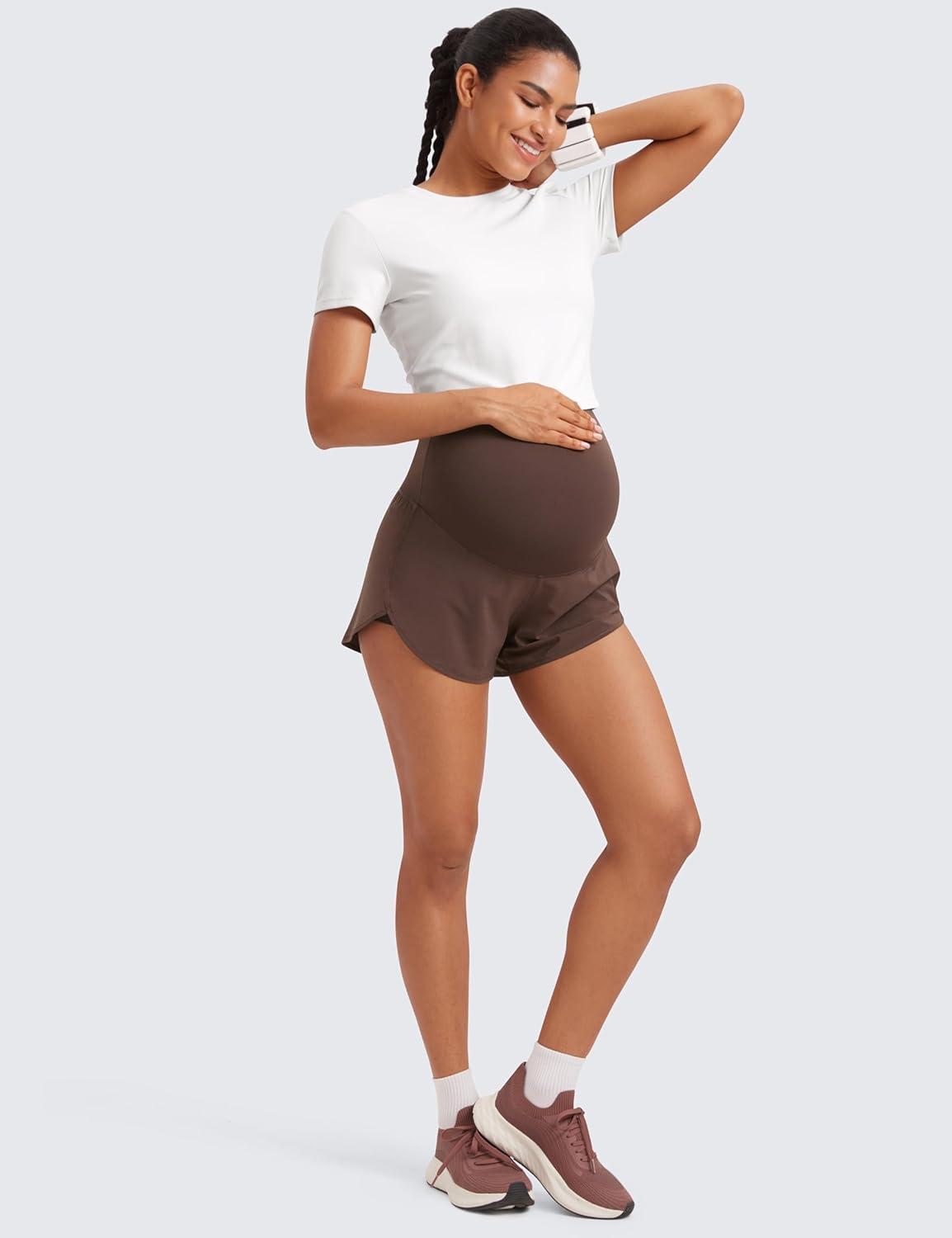 imageCRZ YOGA Lightweight Maternity Dolphin Workout Shorts 3 Soft Athletic Running Casual Womens Pregnancy with Liner PocketsHot Fudge Brown