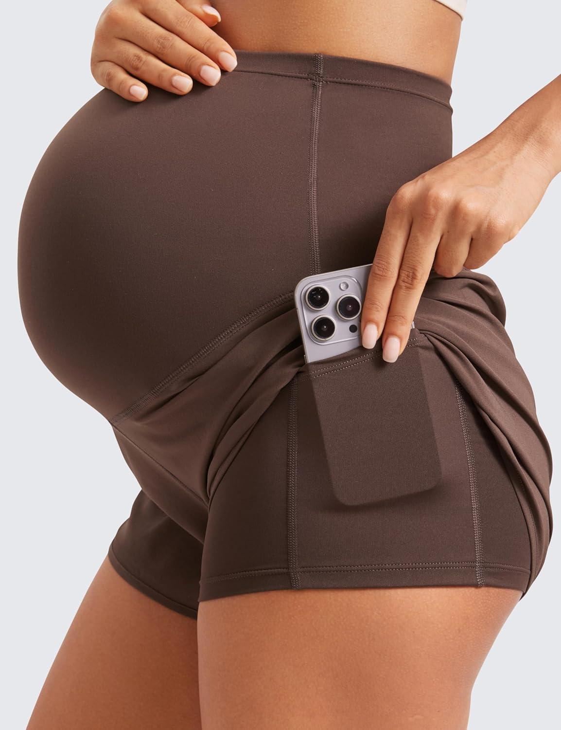 imageCRZ YOGA Lightweight Maternity Dolphin Workout Shorts 3 Soft Athletic Running Casual Womens Pregnancy with Liner PocketsHot Fudge Brown