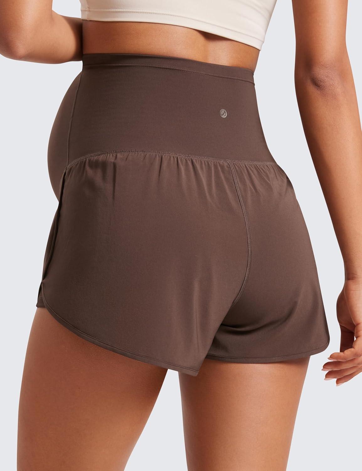 imageCRZ YOGA Lightweight Maternity Dolphin Workout Shorts 3 Soft Athletic Running Casual Womens Pregnancy with Liner PocketsHot Fudge Brown