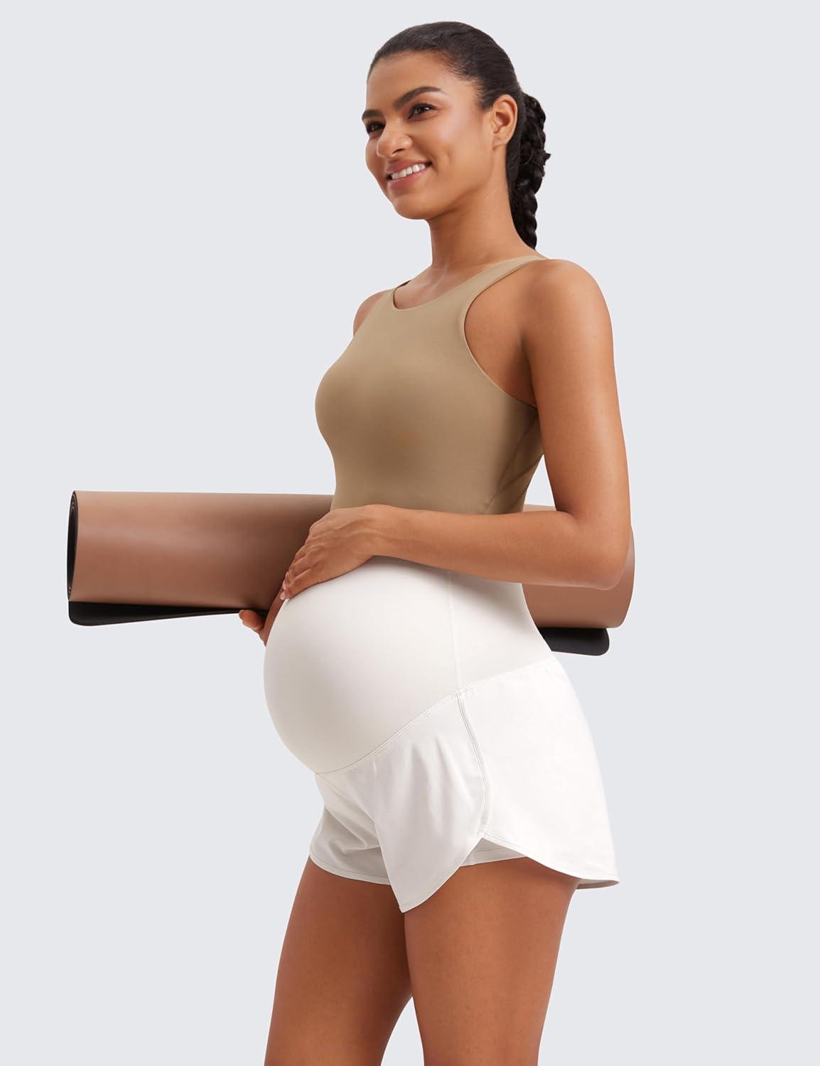 imageCRZ YOGA Lightweight Maternity Dolphin Workout Shorts 3 Soft Athletic Running Casual Womens Pregnancy with Liner PocketsMilky White