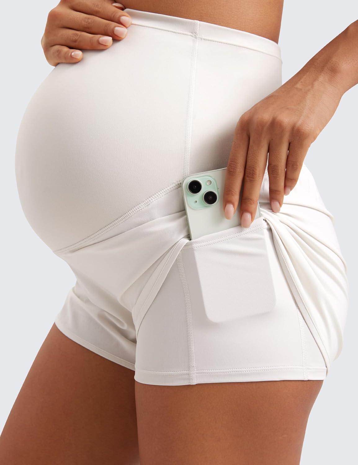 imageCRZ YOGA Lightweight Maternity Dolphin Workout Shorts 3 Soft Athletic Running Casual Womens Pregnancy with Liner PocketsMilky White