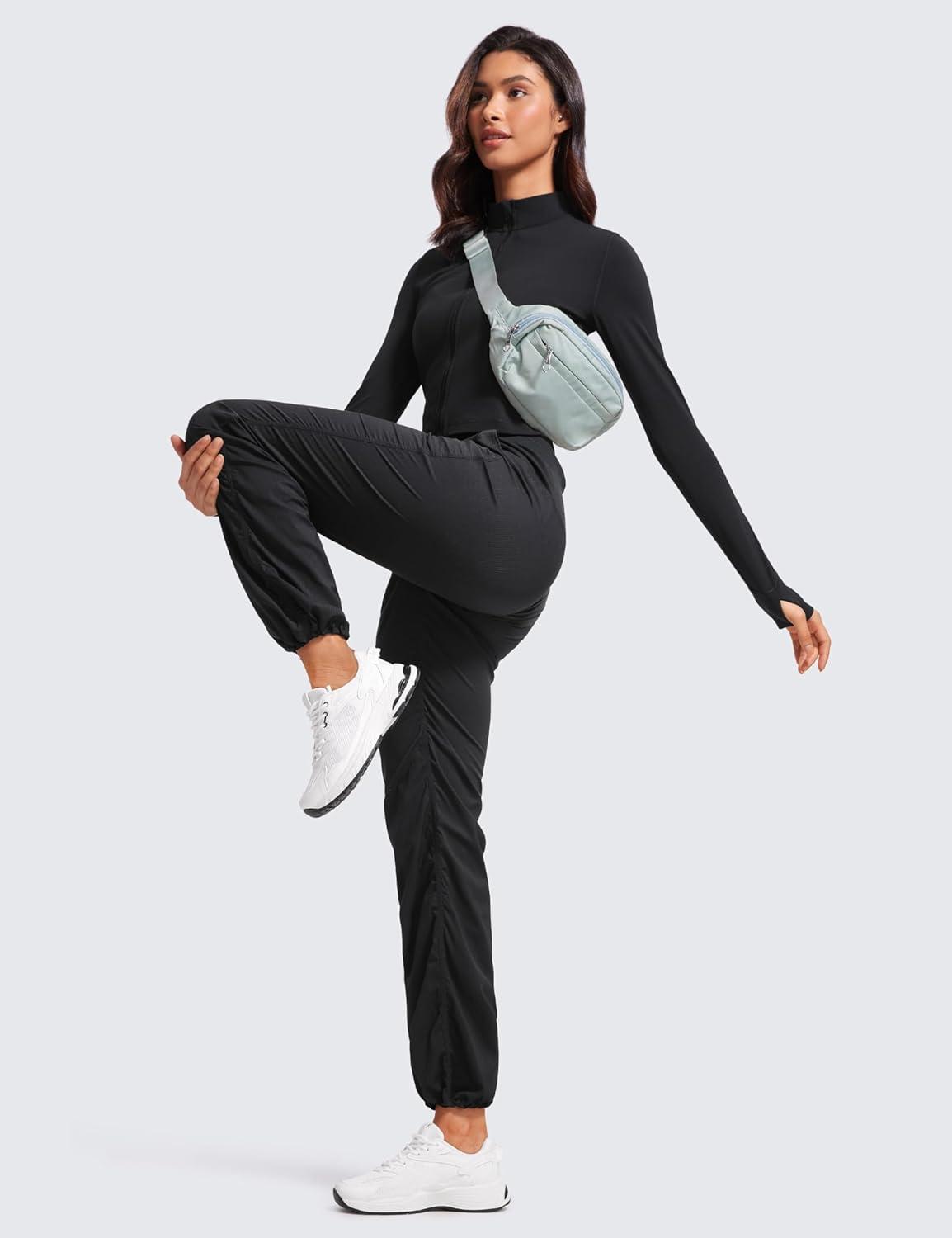 imageCRZ YOGA Lightweight Straight Leg Workout Pants for Women 28quot30quot32quot Ruched Casual Work Athletic Joggers with PocketsBlack