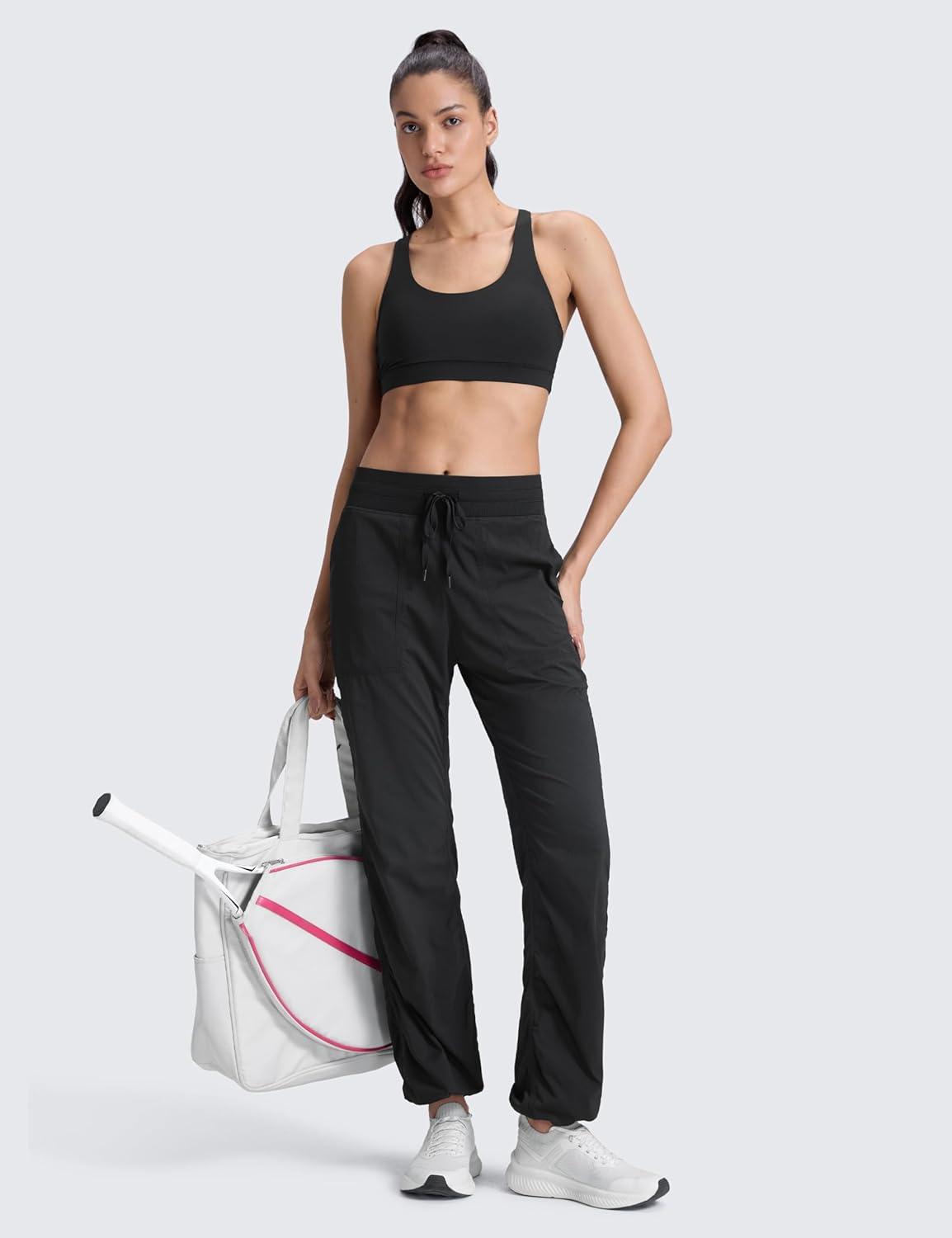 imageCRZ YOGA Lightweight Straight Leg Workout Pants for Women 28quot30quot32quot Ruched Casual Work Athletic Joggers with PocketsBlack