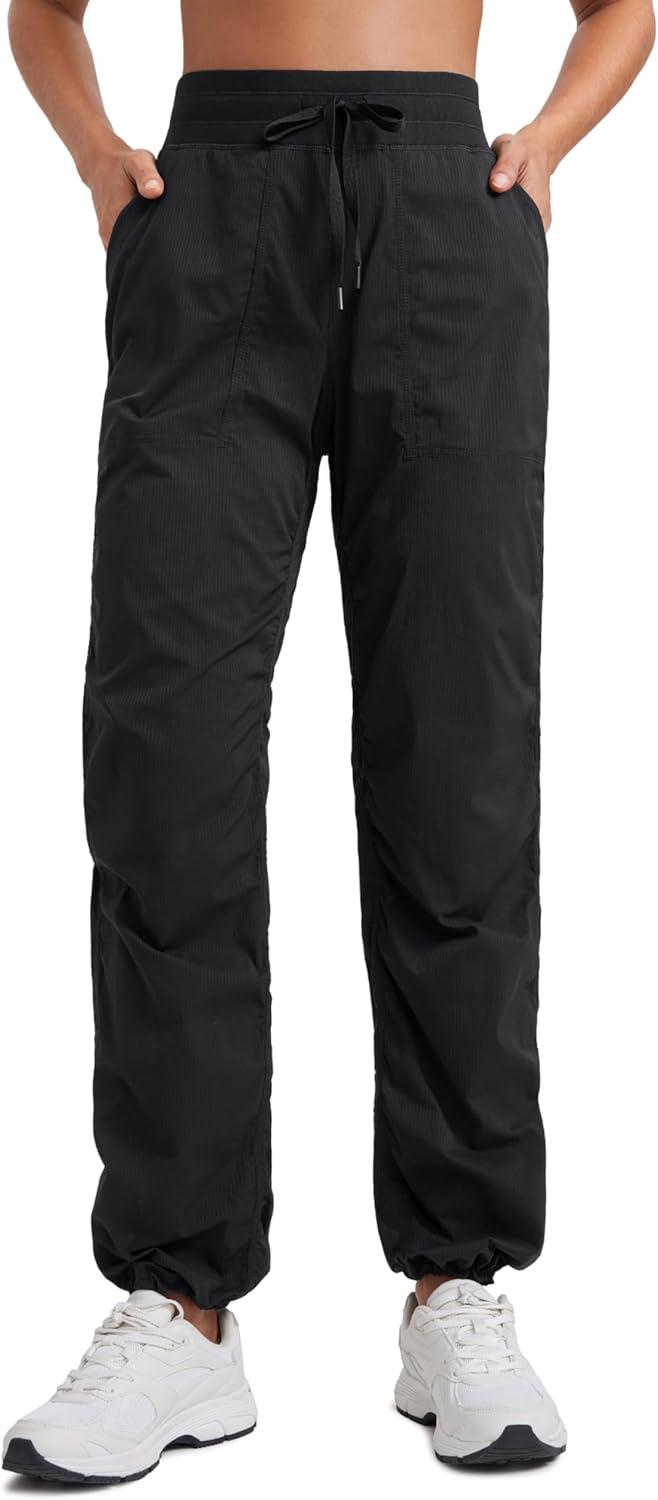 imageCRZ YOGA Lightweight Straight Leg Workout Pants for Women 28quot30quot32quot Ruched Casual Work Athletic Joggers with PocketsBlack