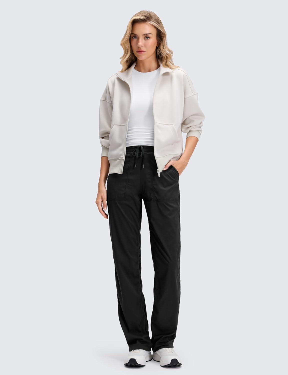 imageCRZ YOGA Lightweight Straight Leg Workout Pants for Women 28quot30quot32quot Ruched Casual Work Athletic Joggers with PocketsBlack