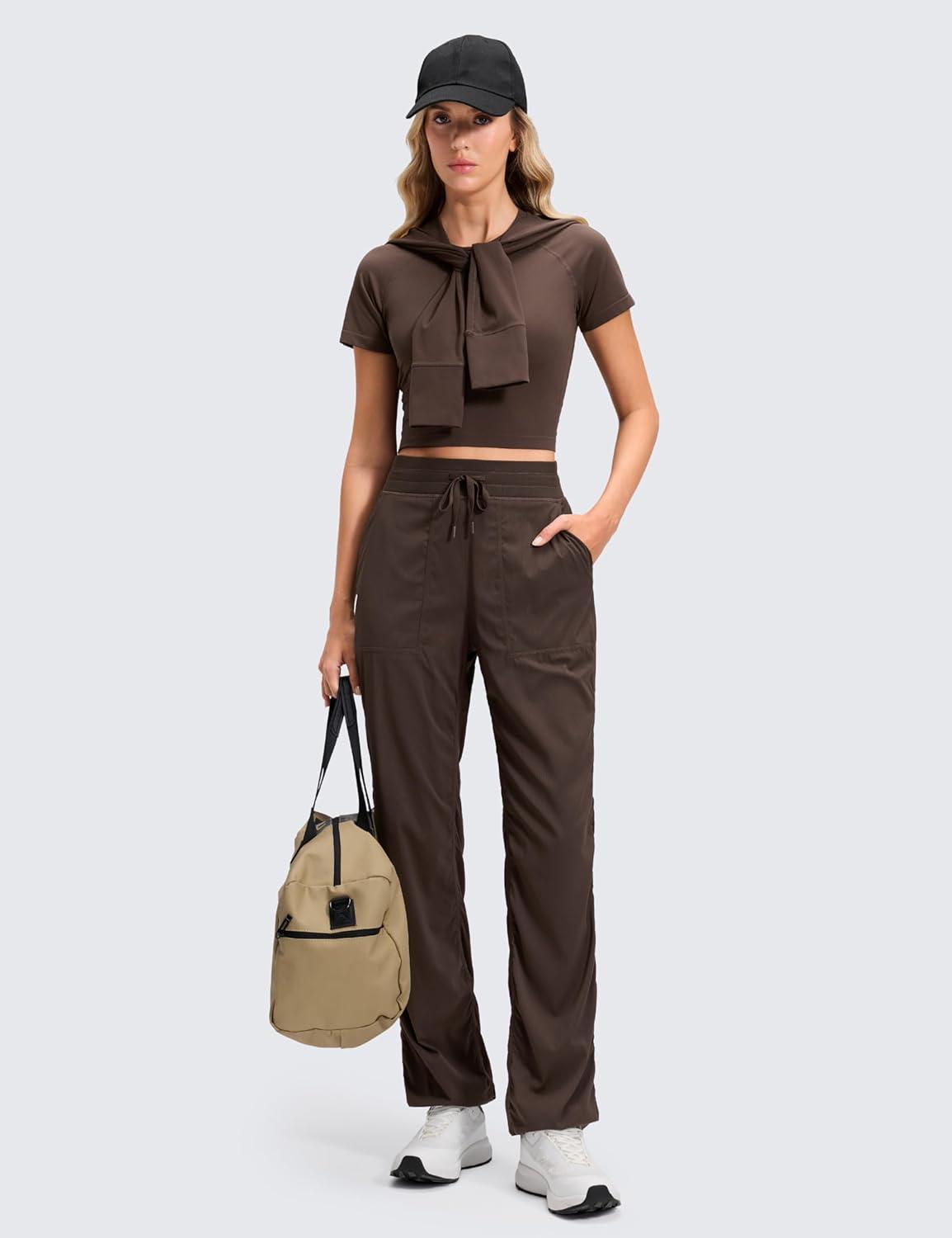 imageCRZ YOGA Lightweight Straight Leg Workout Pants for Women 28quot30quot32quot Ruched Casual Work Athletic Joggers with PocketsHot Fudge Brown