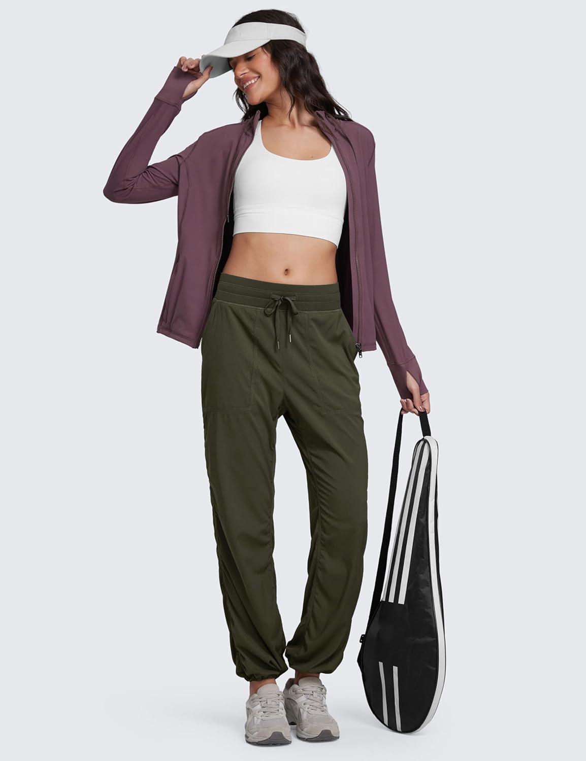 imageCRZ YOGA Lightweight Straight Leg Workout Pants for Women 28quot30quot32quot Ruched Casual Work Athletic Joggers with PocketsOlive Green