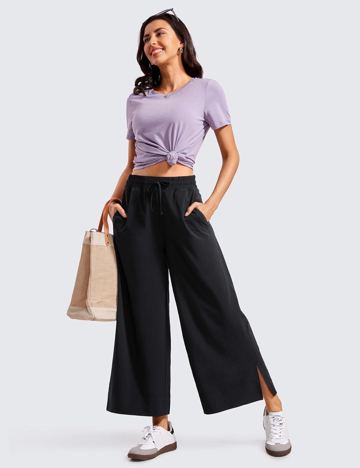 imageCRZ YOGA Lightweight Wide Leg Cropped Pants for Women 25quot Casual Travel Work Sweatpants SummerBlack
