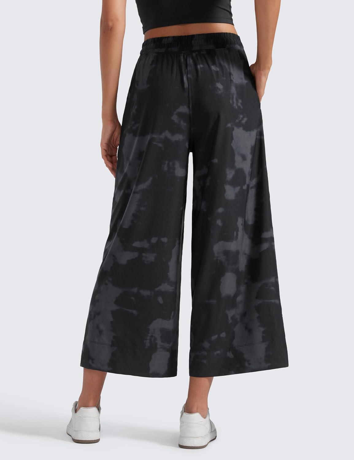 imageCRZ YOGA Lightweight Wide Leg Cropped Pants for Women 25quot Casual Travel Work Sweatpants SummerBlack Tie Dye Flowers