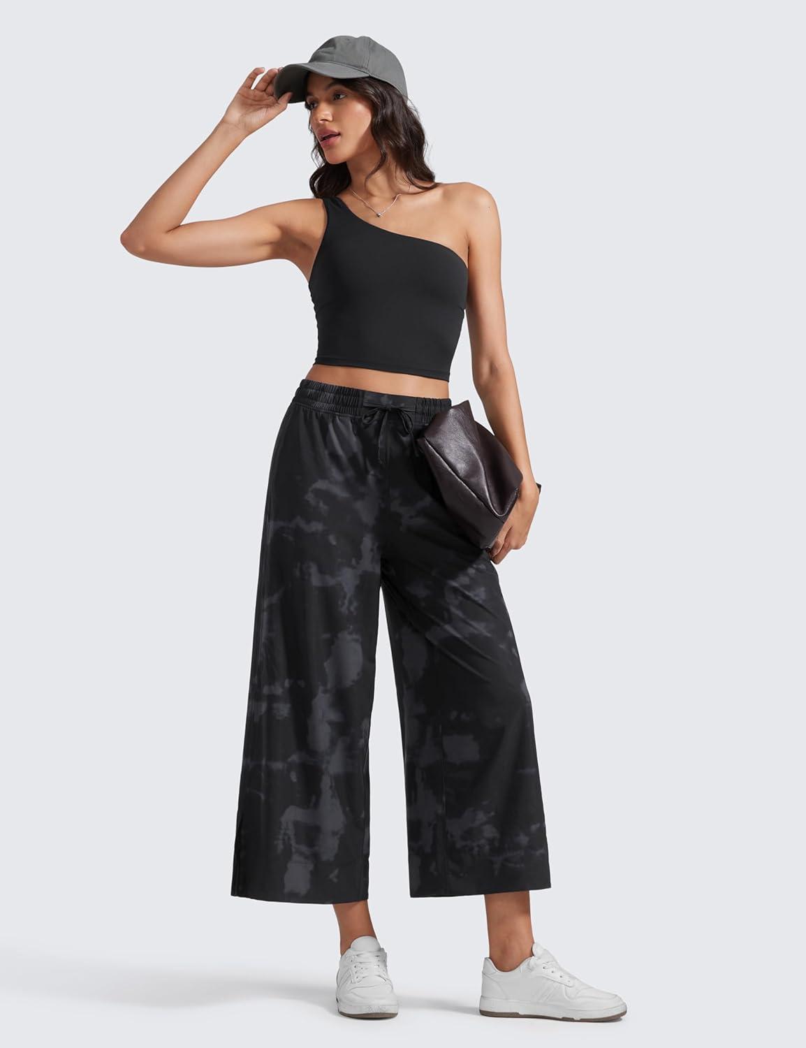 imageCRZ YOGA Lightweight Wide Leg Cropped Pants for Women 25quot Casual Travel Work Sweatpants SummerBlack Tie Dye Flowers