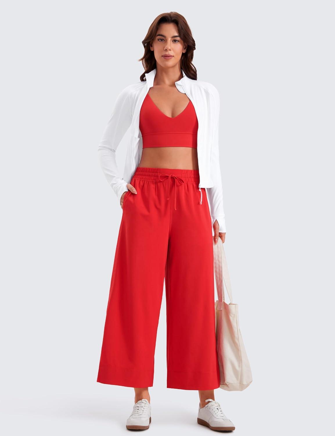 imageCRZ YOGA Lightweight Wide Leg Cropped Pants for Women 25quot Casual Travel Work Sweatpants SummerDeep Red