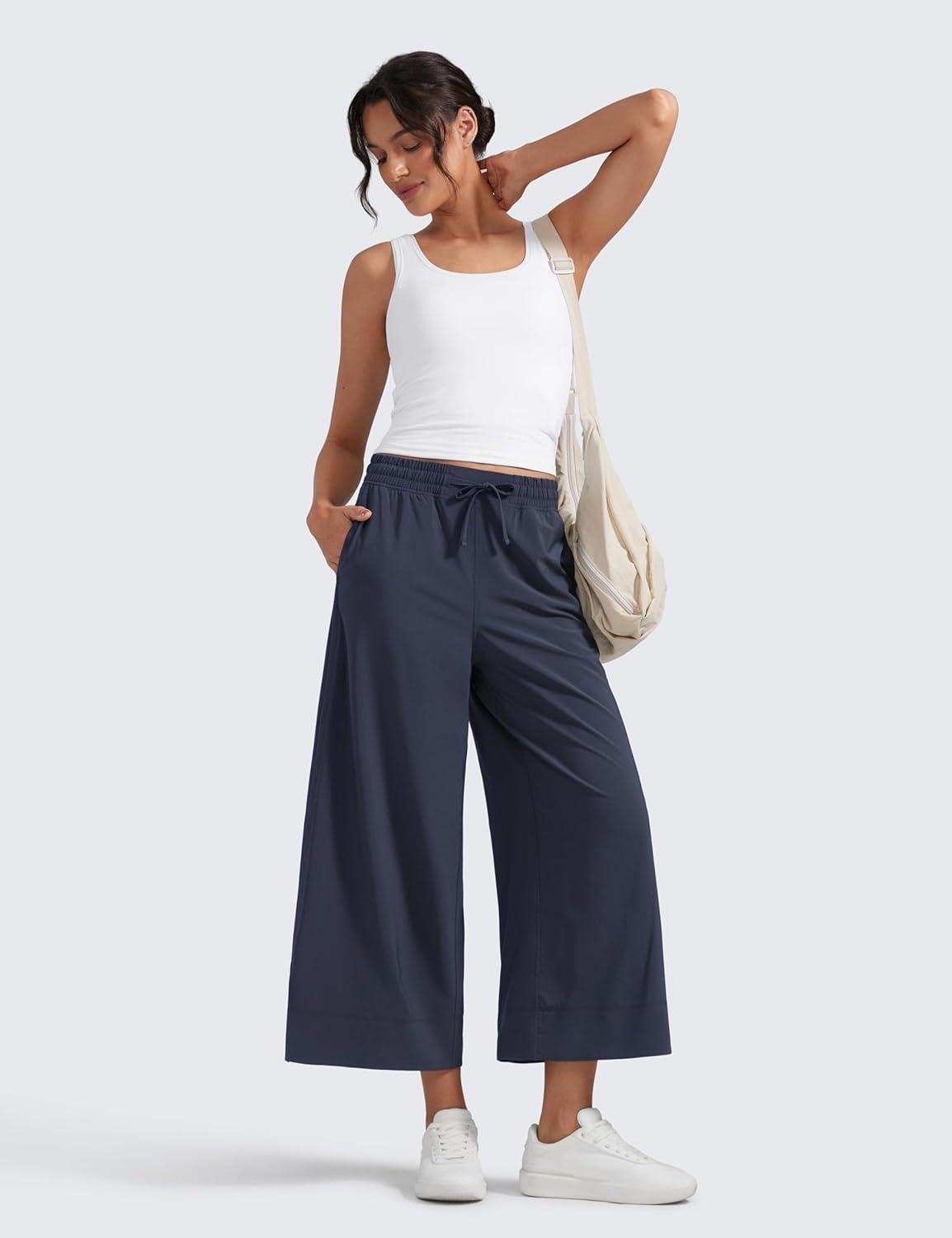 imageCRZ YOGA Lightweight Wide Leg Cropped Pants for Women 25quot Casual Travel Work Sweatpants SummerNavy