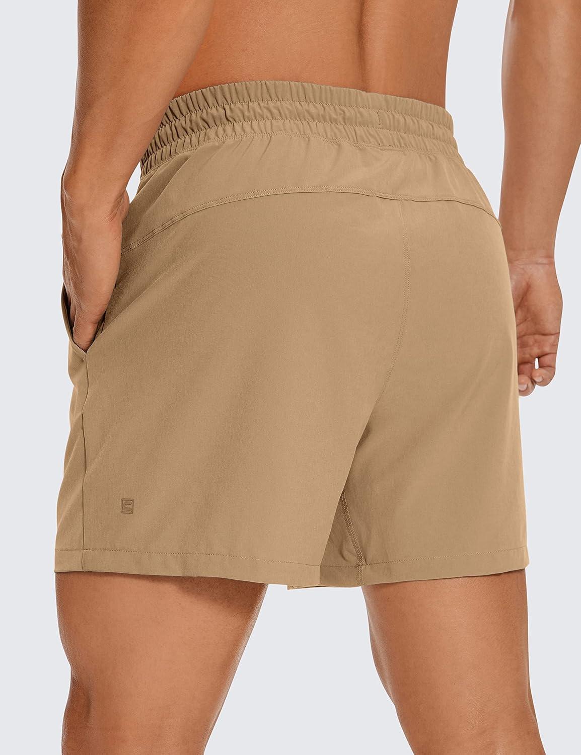 imageCRZ YOGA Mens Linerless Workout Shorts 5 Lightweight Quick Dry for Running Sports Athletic Gym with PocketsKhaki Sand