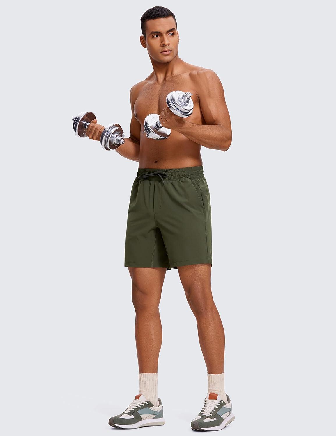 imageCRZ YOGA Mens Linerless Workout Shorts 7 Quick Dry for Running Sports Athletic Gym with PocketsDark Olive