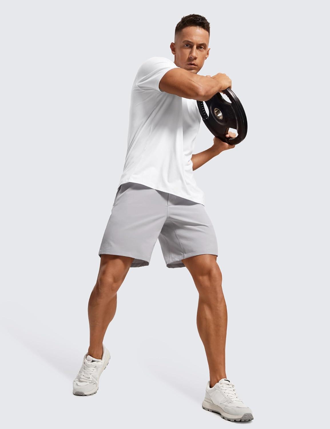 imageCRZ YOGA Mens Linerless Workout Shorts 7 Quick Dry for Running Sports Athletic Gym with PocketsGull Gray