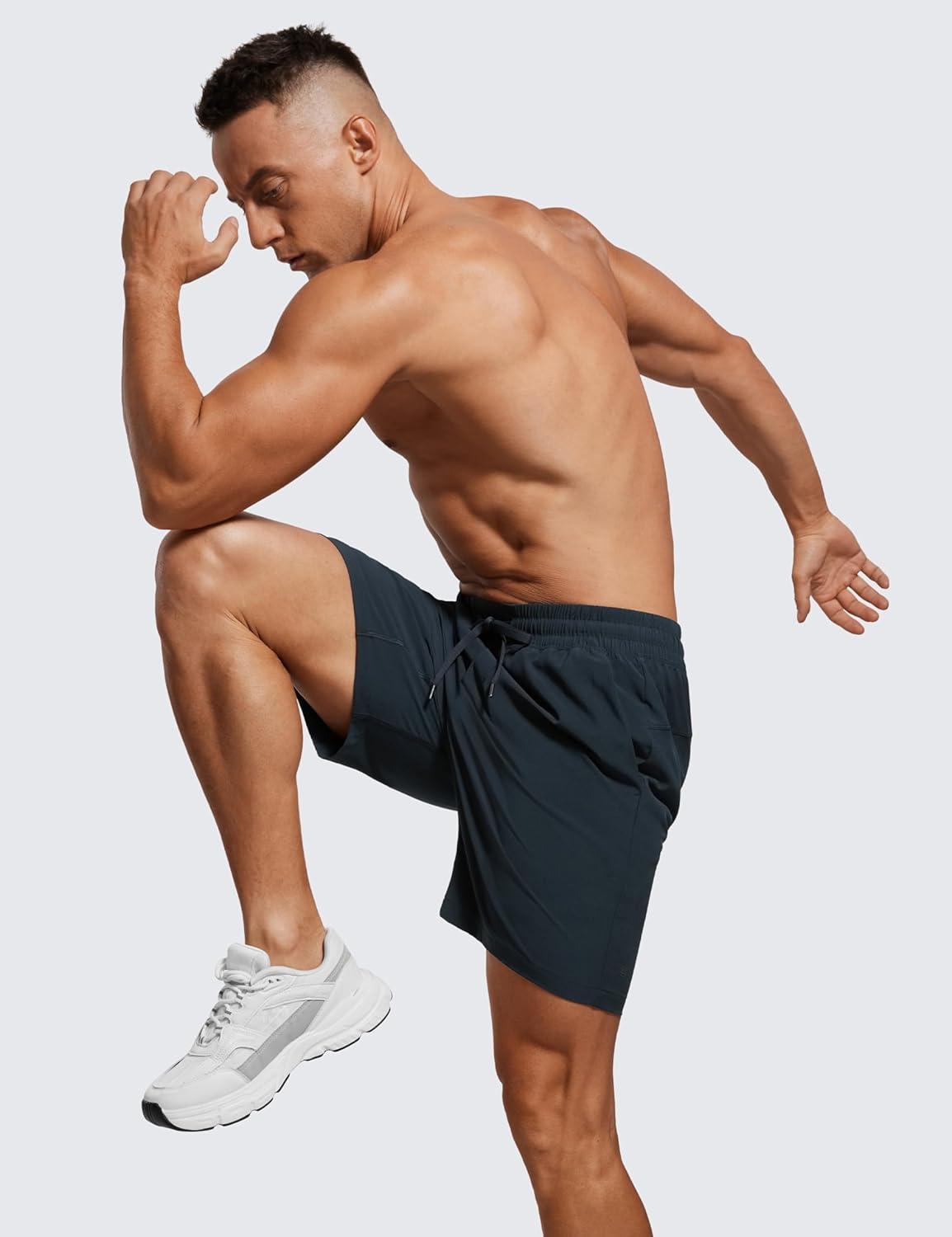 imageCRZ YOGA Mens Linerless Workout Shorts 7 Quick Dry for Running Sports Athletic Gym with PocketsInk Gray