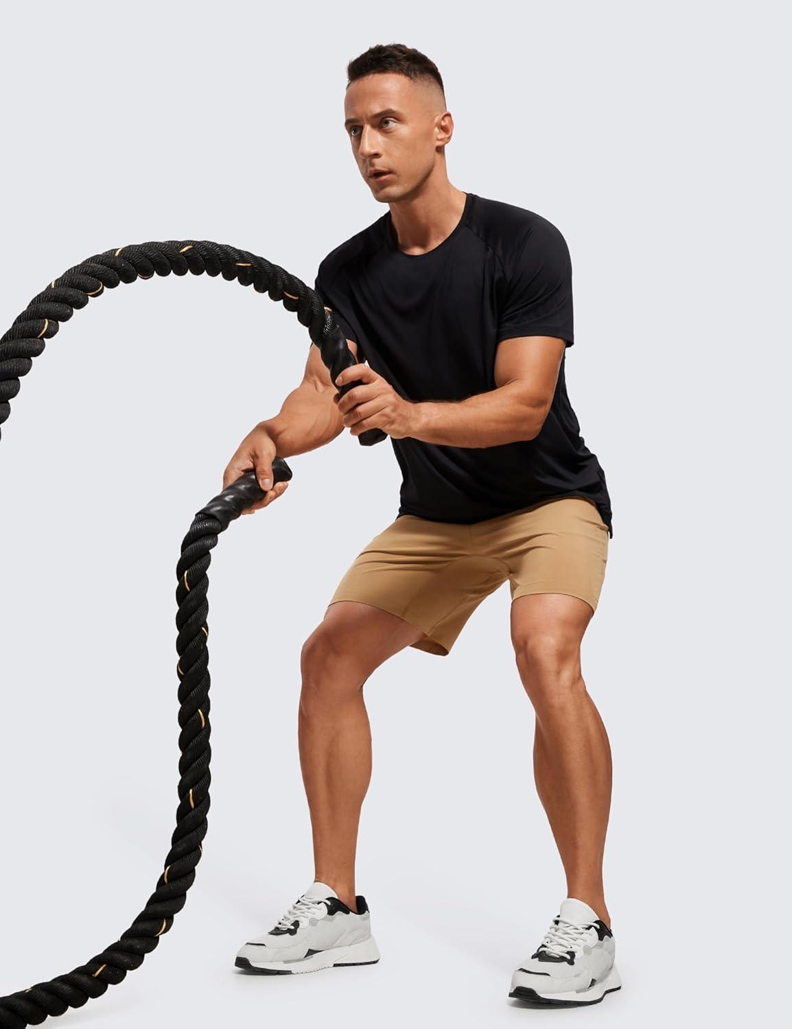 imageCRZ YOGA Mens Linerless Workout Shorts 7 Quick Dry for Running Sports Athletic Gym with PocketsKhaki Sand