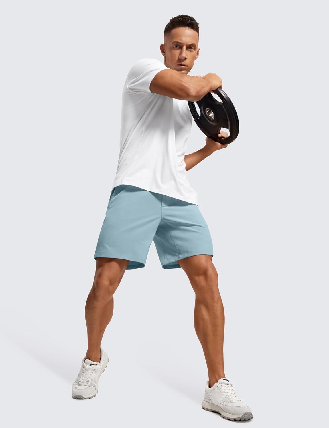 imageCRZ YOGA Mens Linerless Workout Shorts 7 Quick Dry for Running Sports Athletic Gym with PocketsLight Grayish Blue