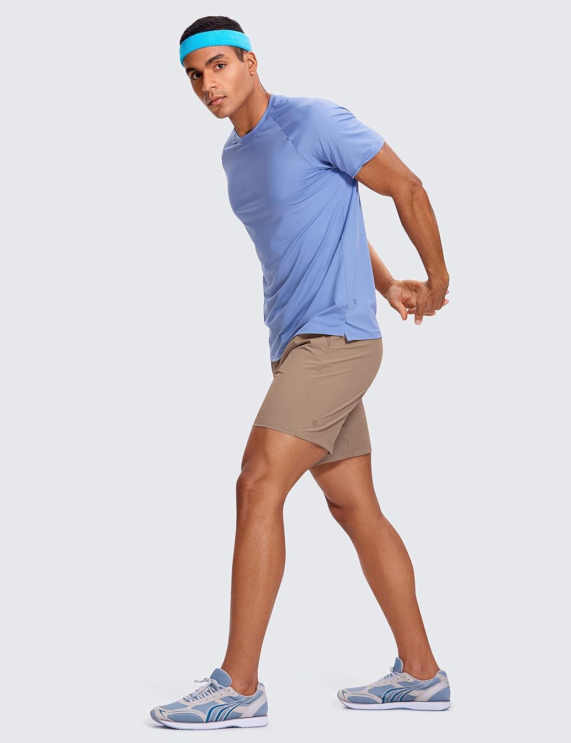 imageCRZ YOGA Mens Linerless Workout Shorts 7 Quick Dry for Running Sports Athletic Gym with PocketsMineral Brown