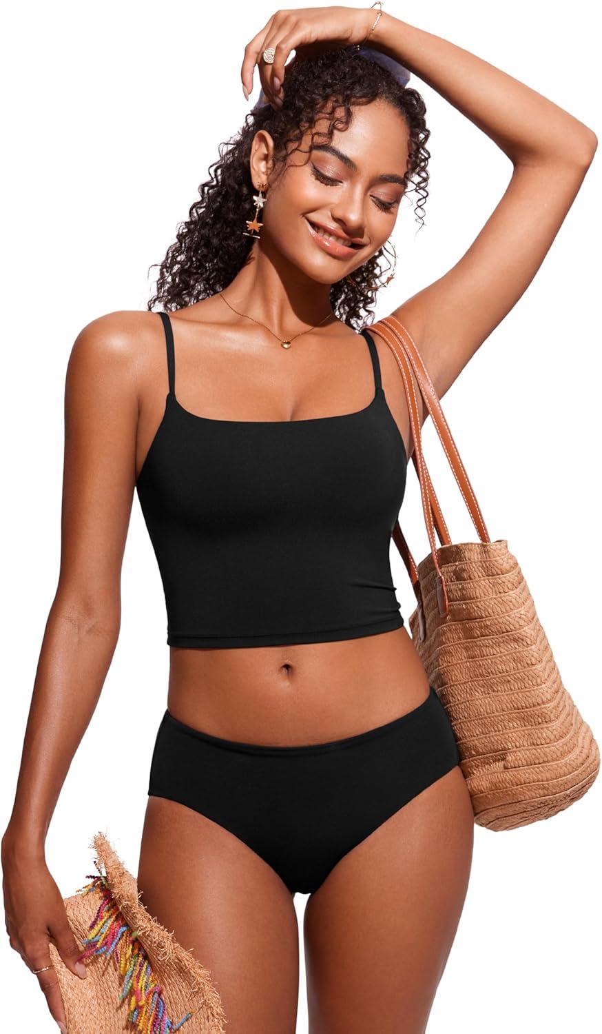 imageCRZ YOGA Mid Waisted Bikini Bottoms for Women Full Coverage Bathing Suit Swimsuit Basic Swim BriefsBlack