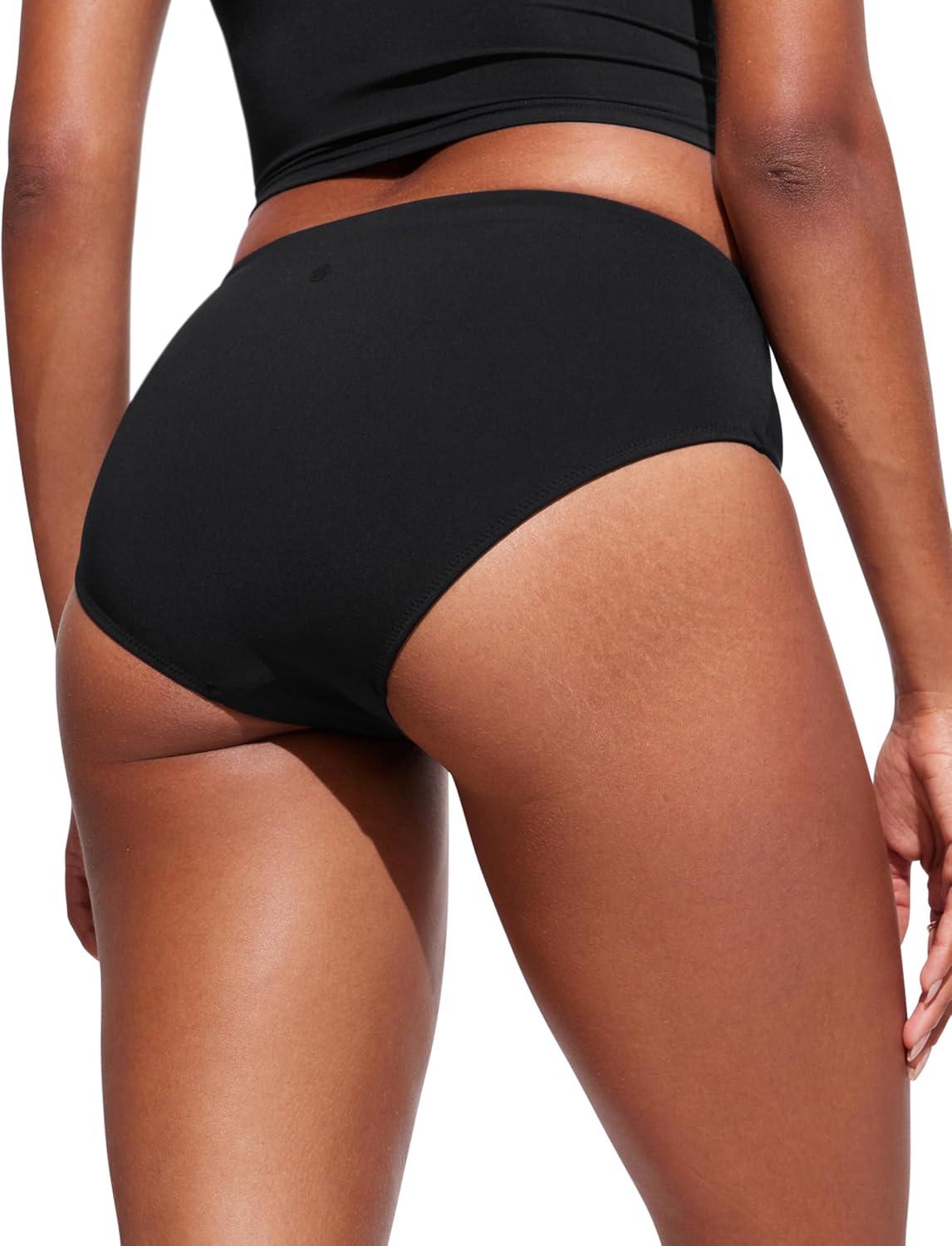 imageCRZ YOGA Mid Waisted Bikini Bottoms for Women Full Coverage Bathing Suit Swimsuit Basic Swim BriefsBlack