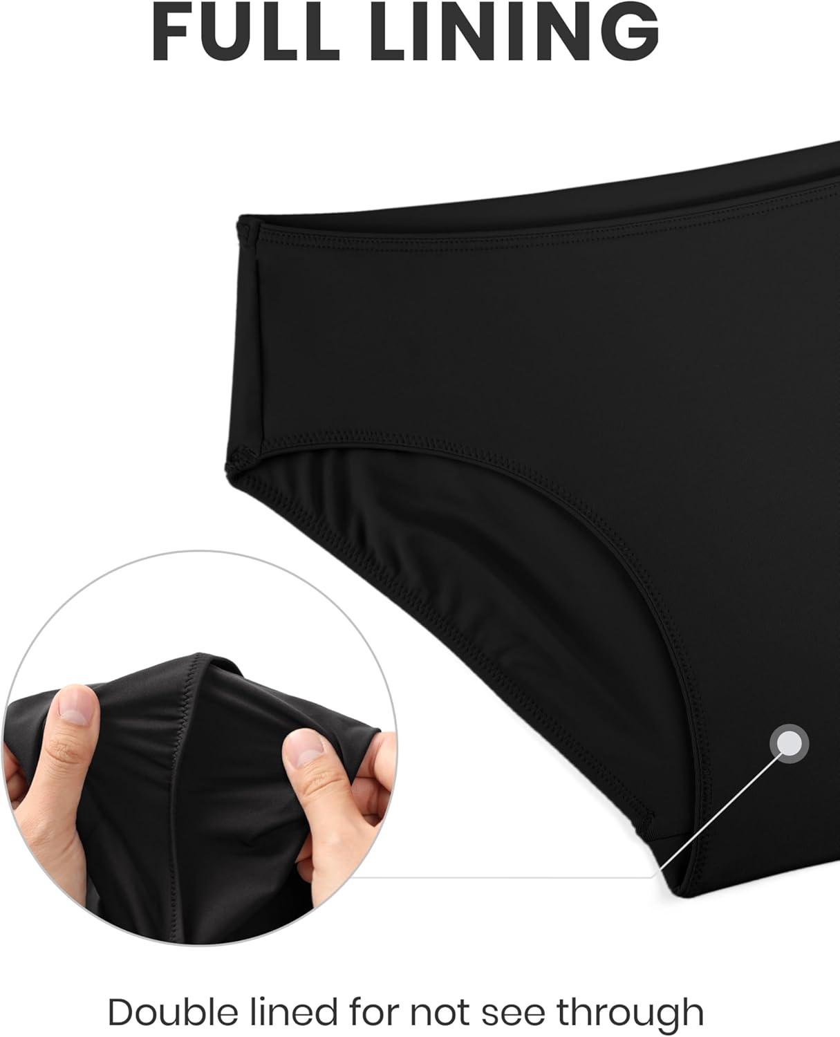 imageCRZ YOGA Mid Waisted Bikini Bottoms for Women Full Coverage Bathing Suit Swimsuit Basic Swim BriefsBlack