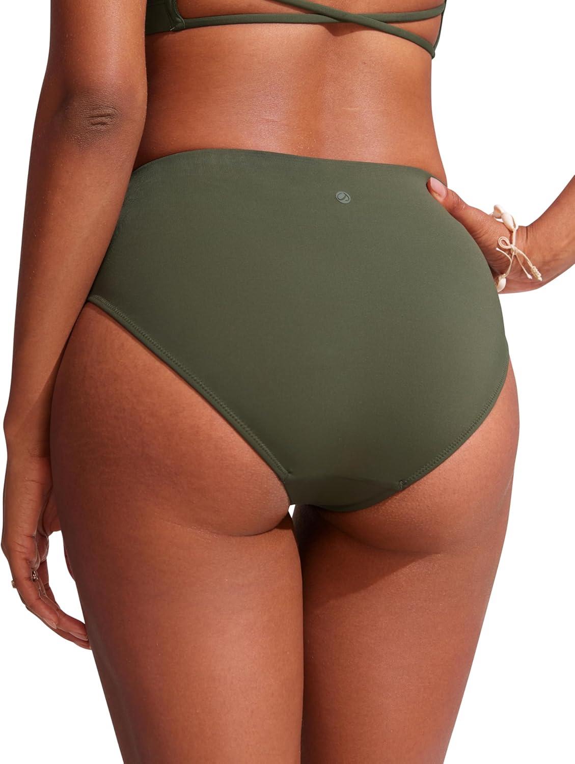 imageCRZ YOGA Mid Waisted Bikini Bottoms for Women Full Coverage Bathing Suit Swimsuit Basic Swim BriefsDark Olive