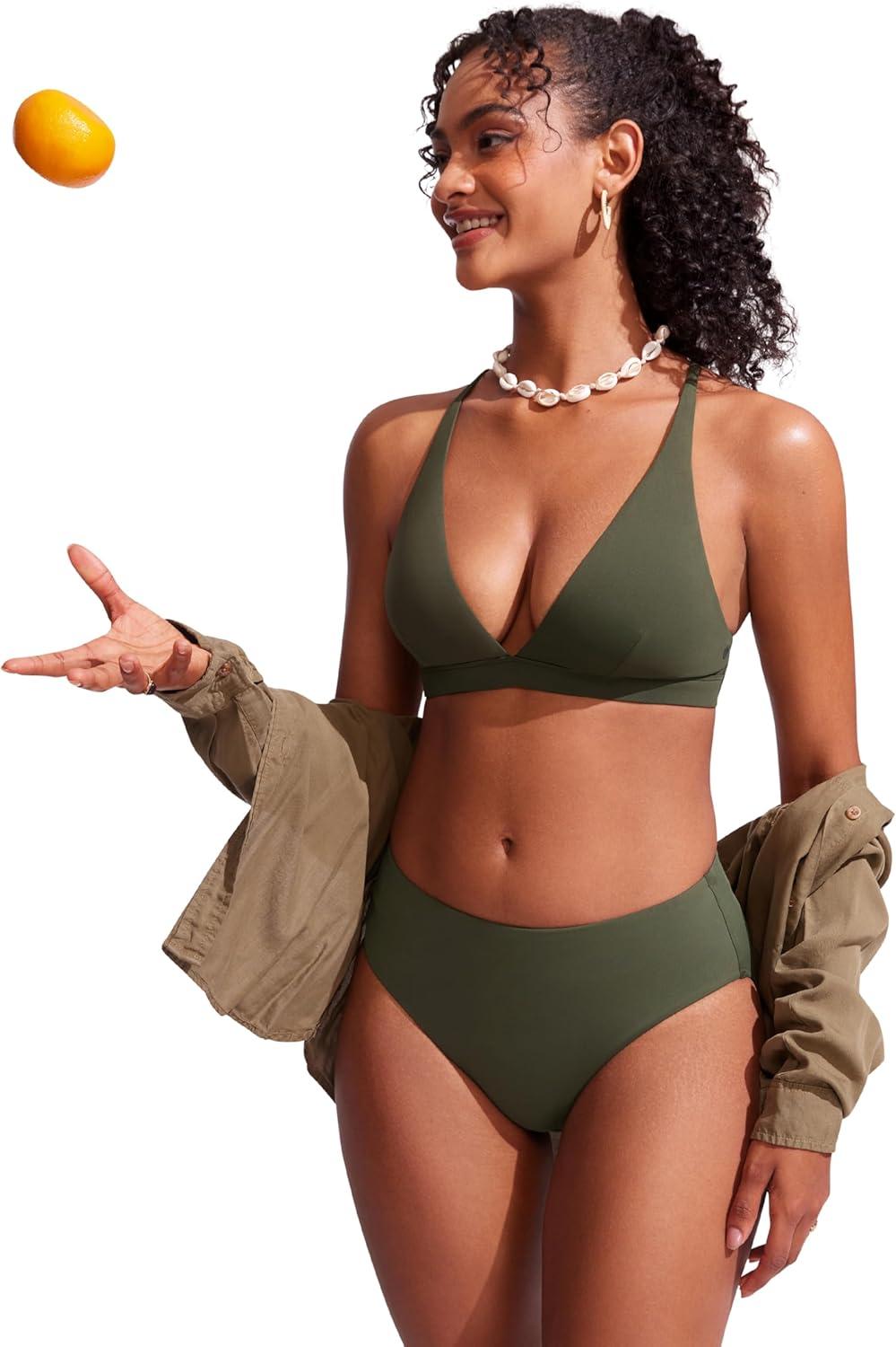 imageCRZ YOGA Mid Waisted Bikini Bottoms for Women Full Coverage Bathing Suit Swimsuit Basic Swim BriefsDark Olive