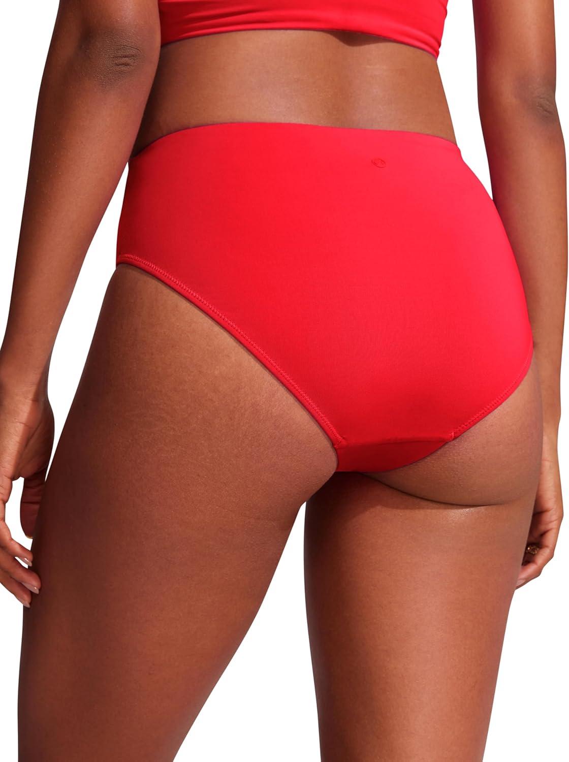 imageCRZ YOGA Mid Waisted Bikini Bottoms for Women Full Coverage Bathing Suit Swimsuit Basic Swim BriefsDeep Red