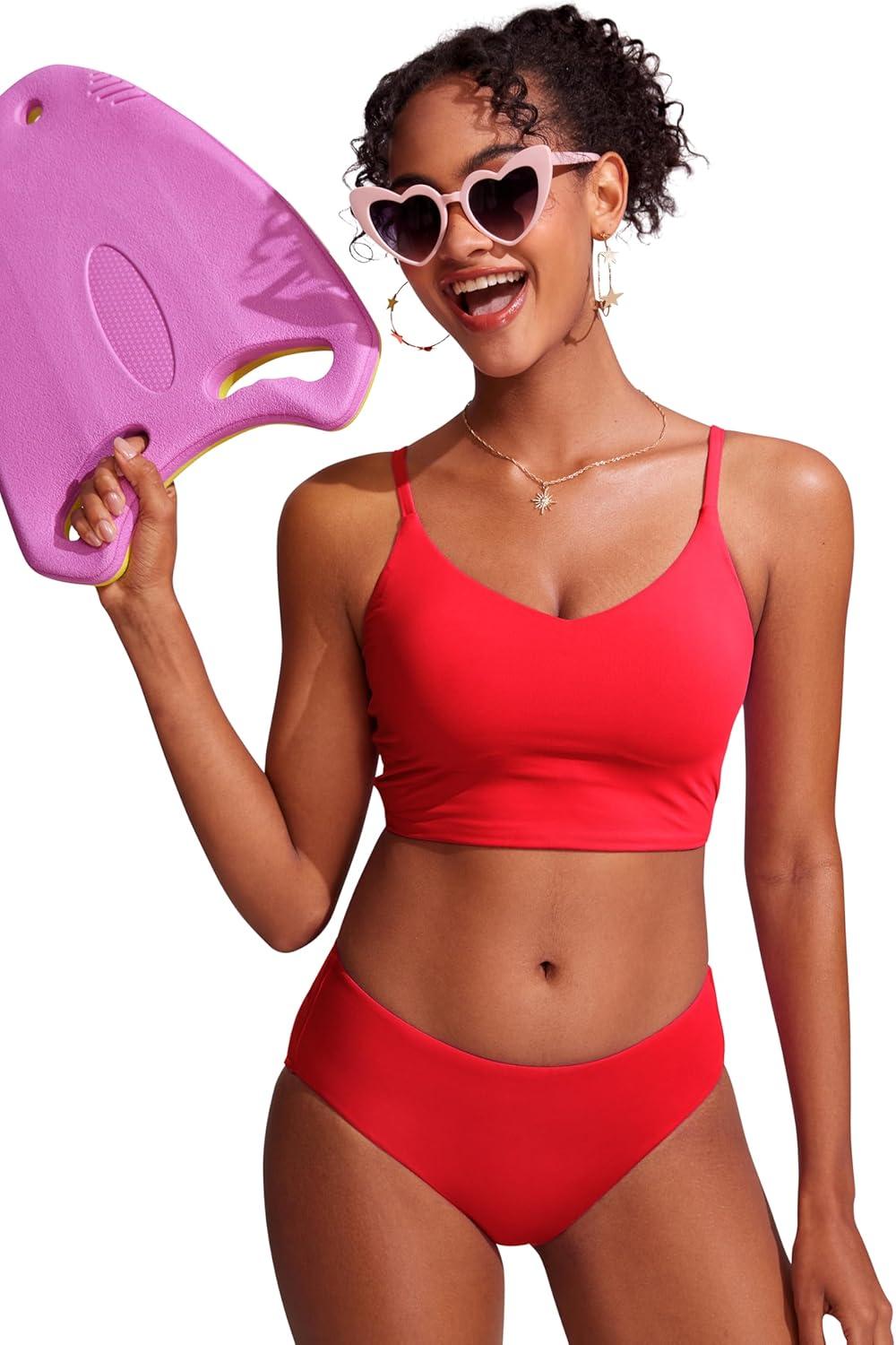 imageCRZ YOGA Mid Waisted Bikini Bottoms for Women Full Coverage Bathing Suit Swimsuit Basic Swim BriefsDeep Red