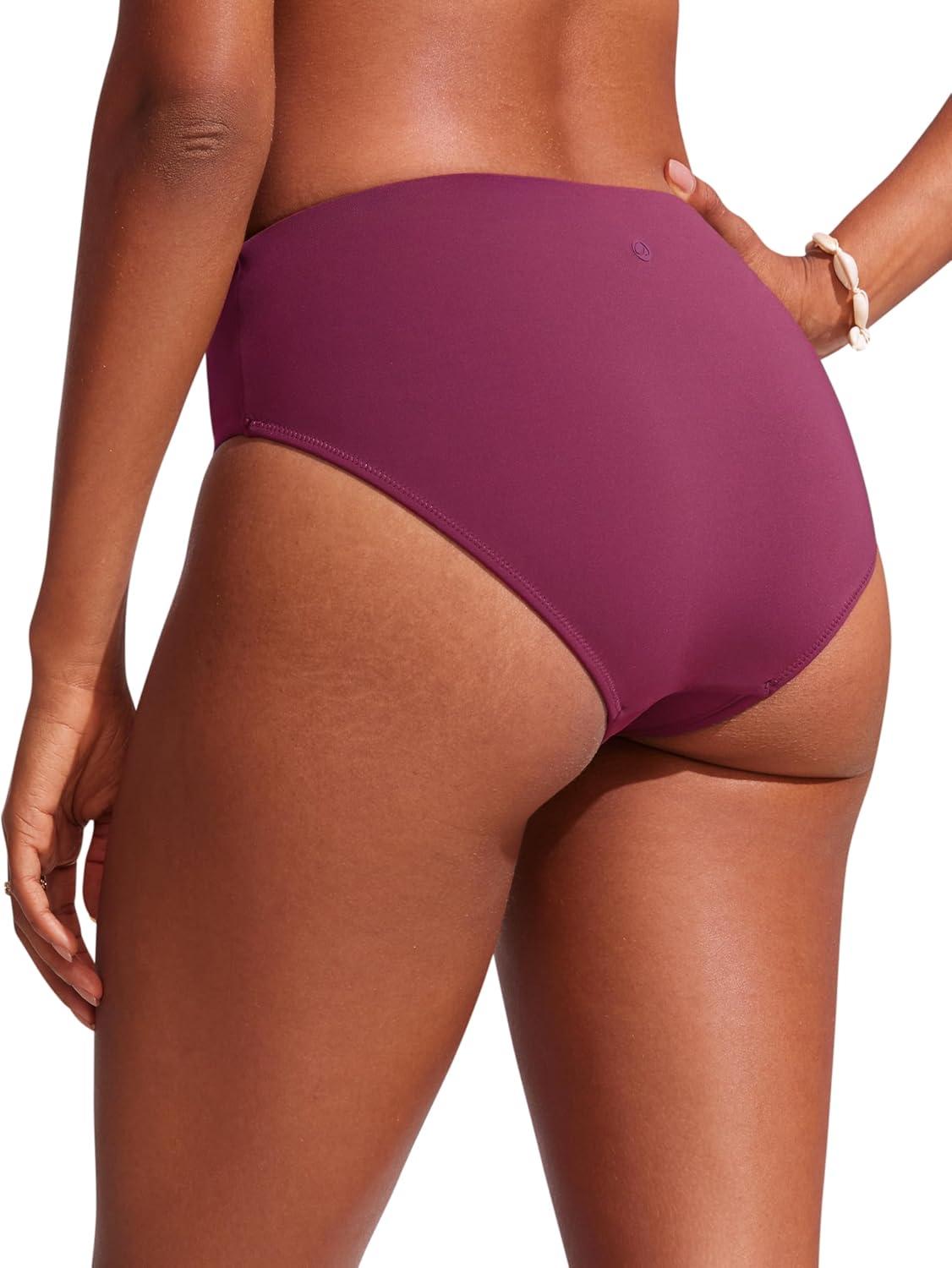 imageCRZ YOGA Mid Waisted Bikini Bottoms for Women Full Coverage Bathing Suit Swimsuit Basic Swim BriefsFuchsia