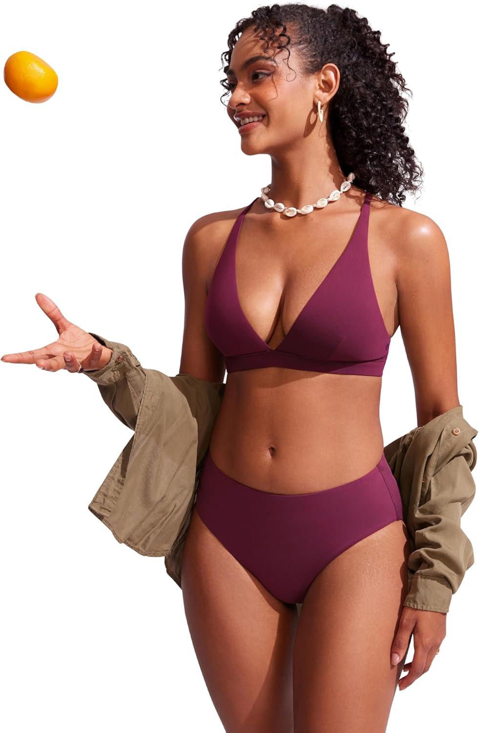 imageCRZ YOGA Mid Waisted Bikini Bottoms for Women Full Coverage Bathing Suit Swimsuit Basic Swim BriefsFuchsia