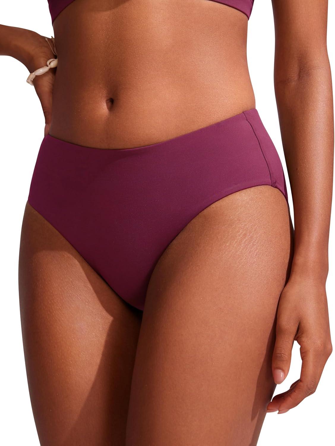 imageCRZ YOGA Mid Waisted Bikini Bottoms for Women Full Coverage Bathing Suit Swimsuit Basic Swim BriefsFuchsia