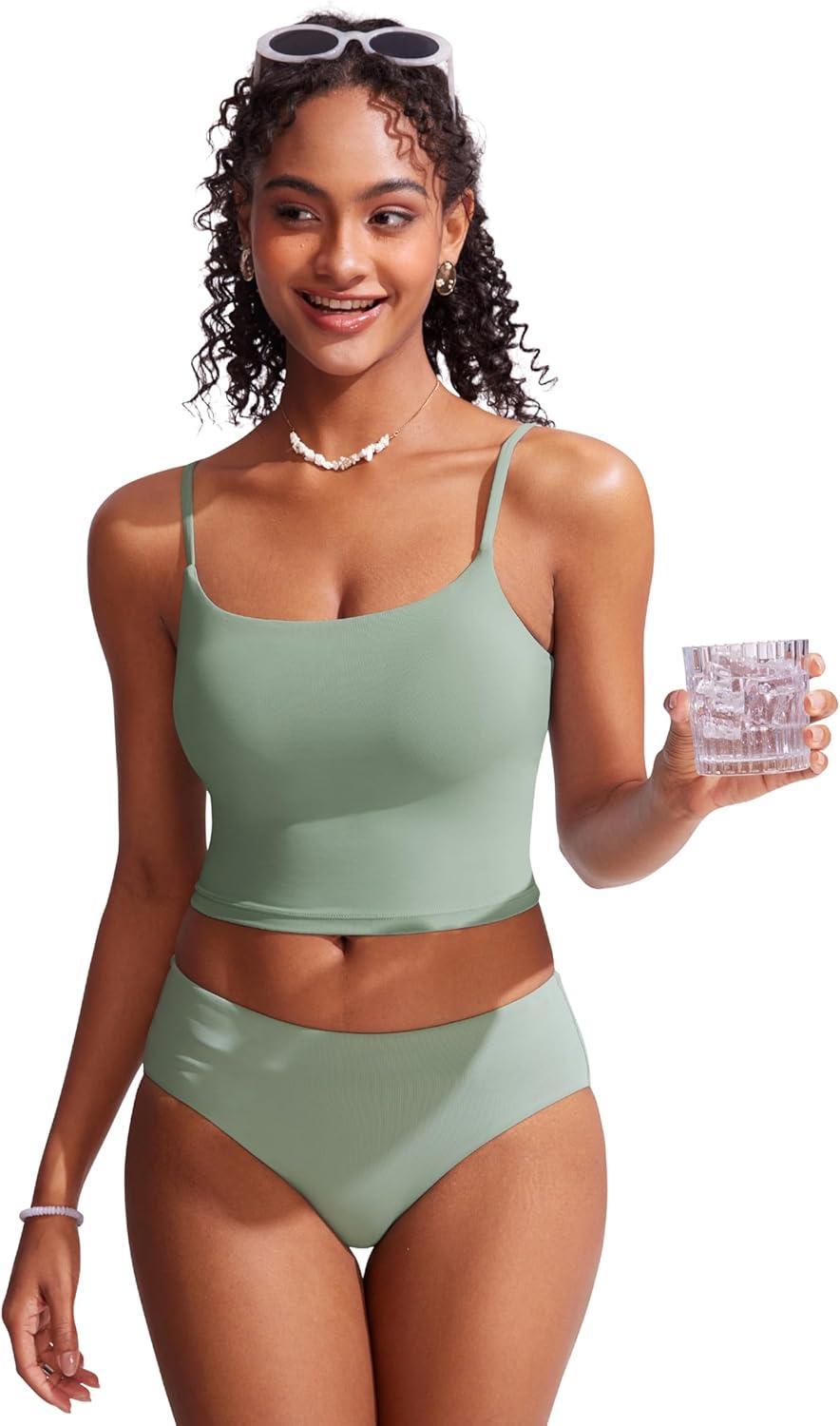 imageCRZ YOGA Mid Waisted Bikini Bottoms for Women Full Coverage Bathing Suit Swimsuit Basic Swim BriefsGreen Palm Court