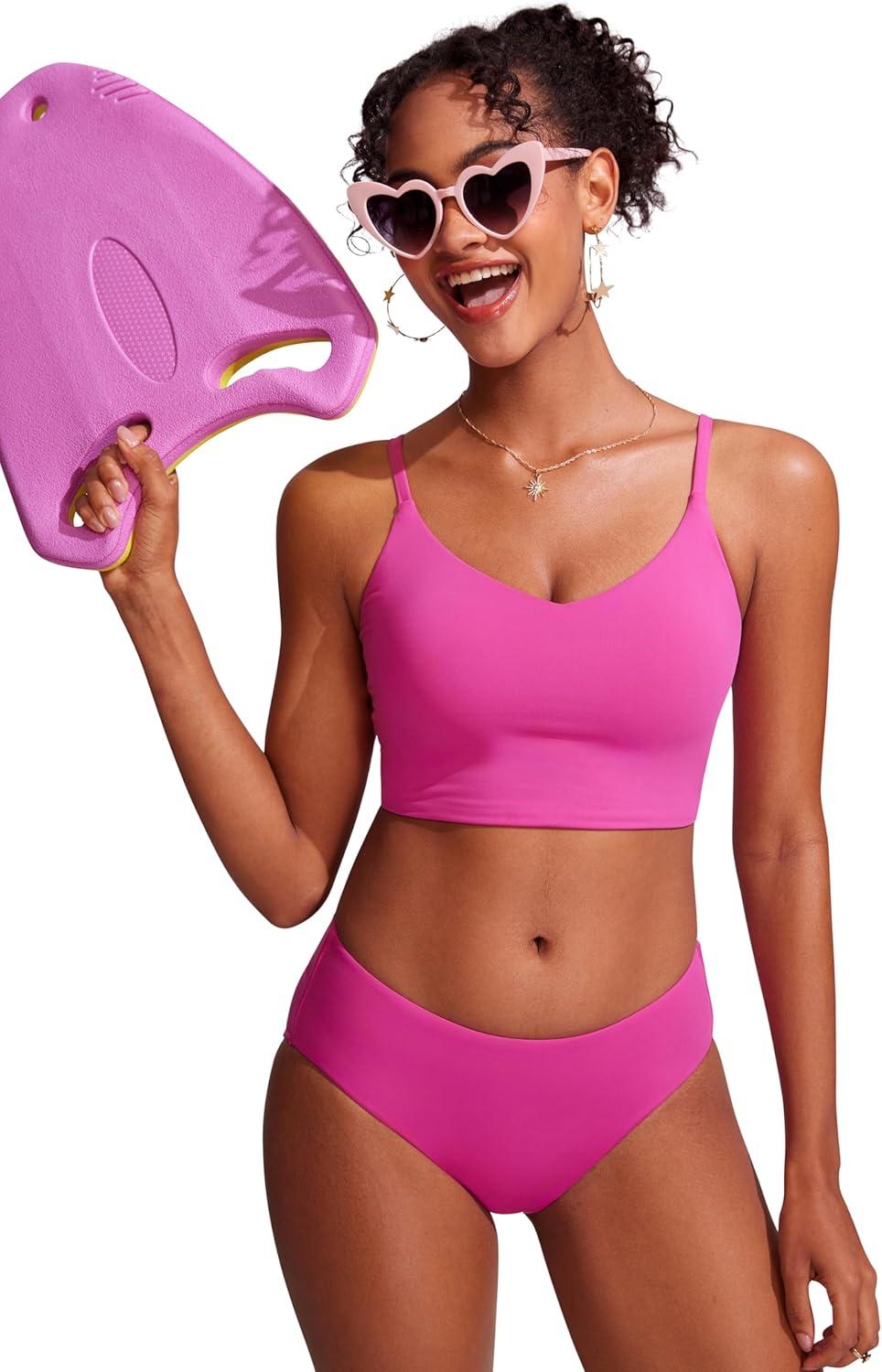 imageCRZ YOGA Mid Waisted Bikini Bottoms for Women Full Coverage Bathing Suit Swimsuit Basic Swim BriefsHibiscus Purple