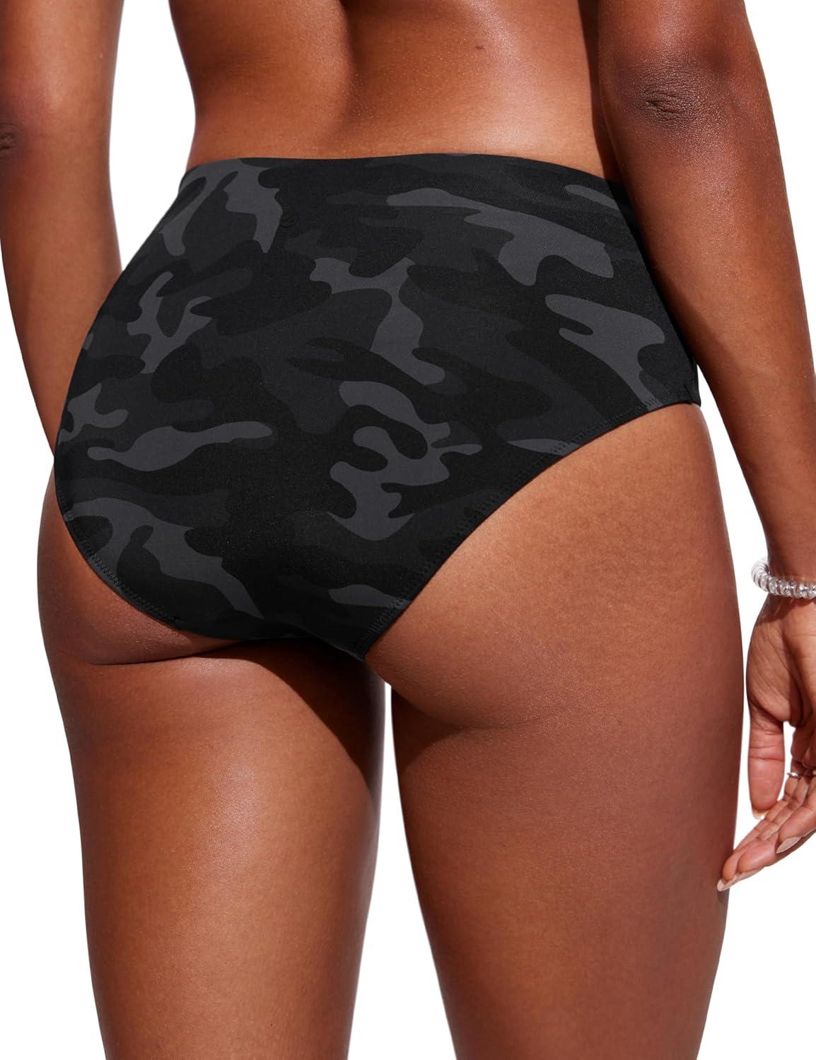 imageCRZ YOGA Mid Waisted Bikini Bottoms for Women Full Coverage Bathing Suit Swimsuit Basic Swim BriefsJungle Camouflage Gray