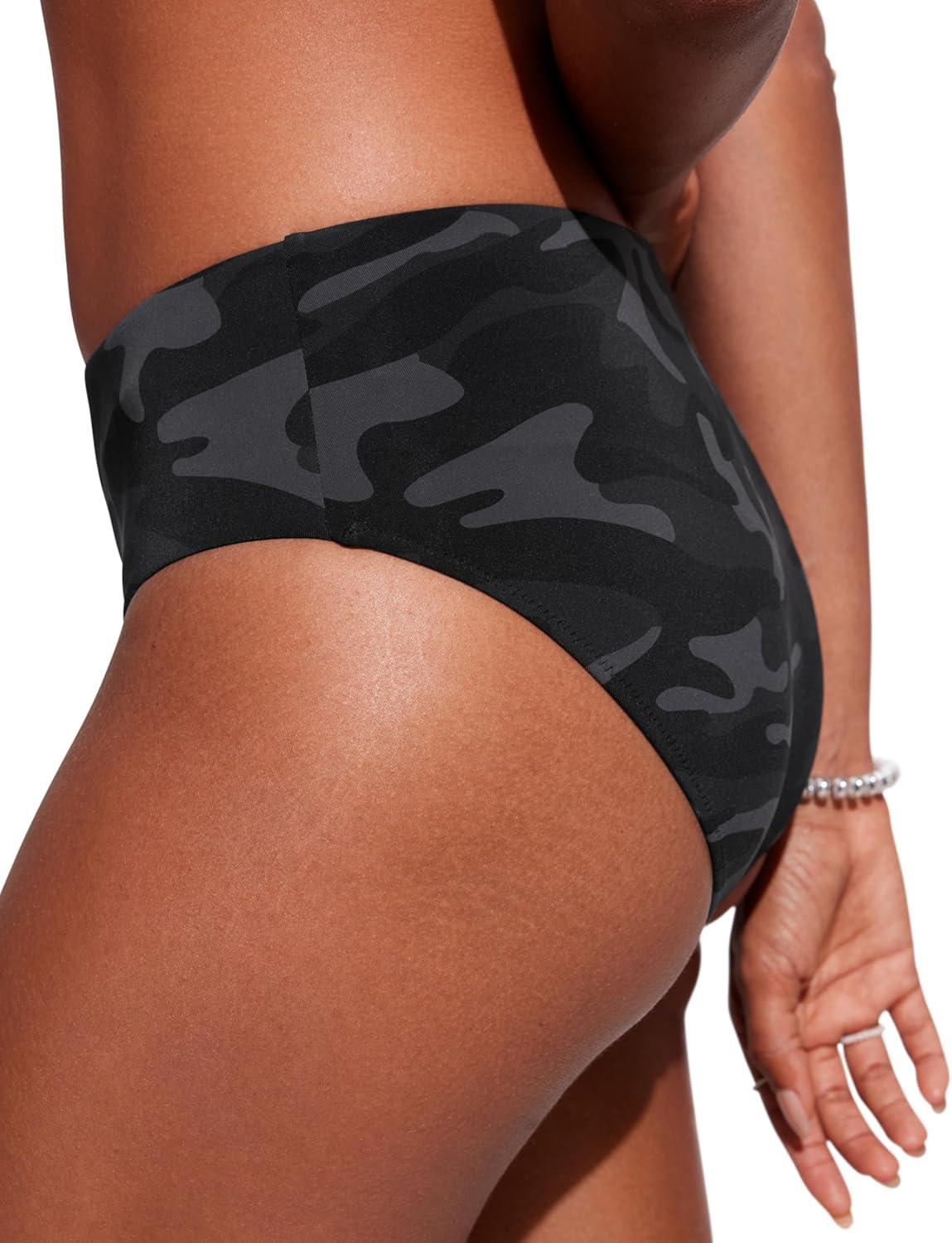 imageCRZ YOGA Mid Waisted Bikini Bottoms for Women Full Coverage Bathing Suit Swimsuit Basic Swim BriefsJungle Camouflage Gray