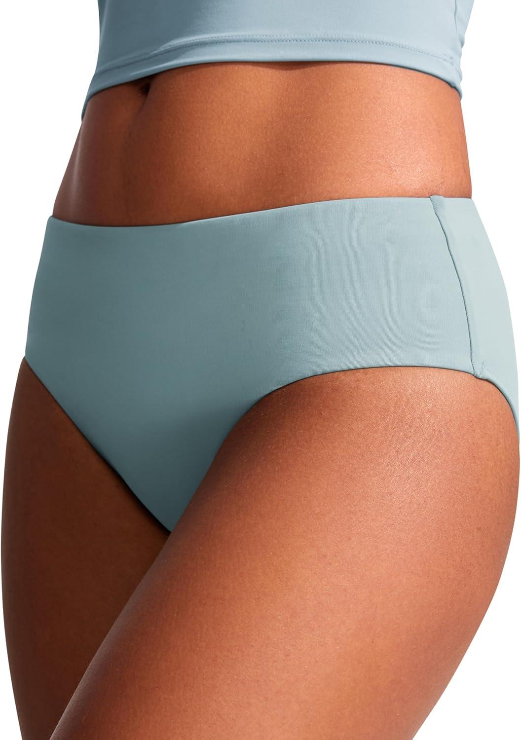 imageCRZ YOGA Mid Waisted Bikini Bottoms for Women Full Coverage Bathing Suit Swimsuit Basic Swim BriefsLight Grayish Blue