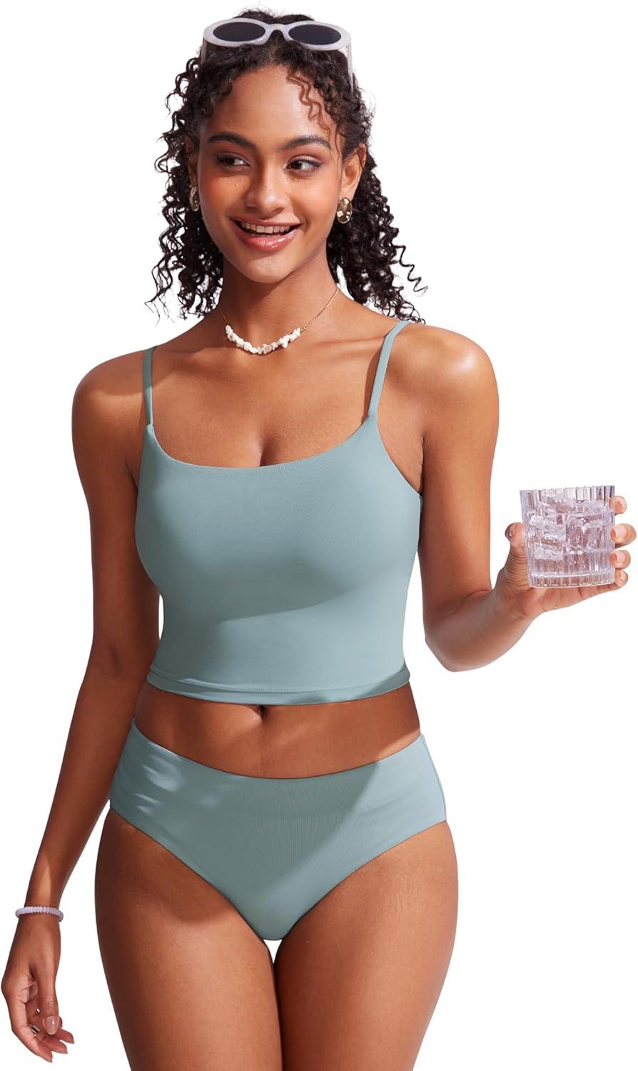 imageCRZ YOGA Mid Waisted Bikini Bottoms for Women Full Coverage Bathing Suit Swimsuit Basic Swim BriefsLight Grayish Blue