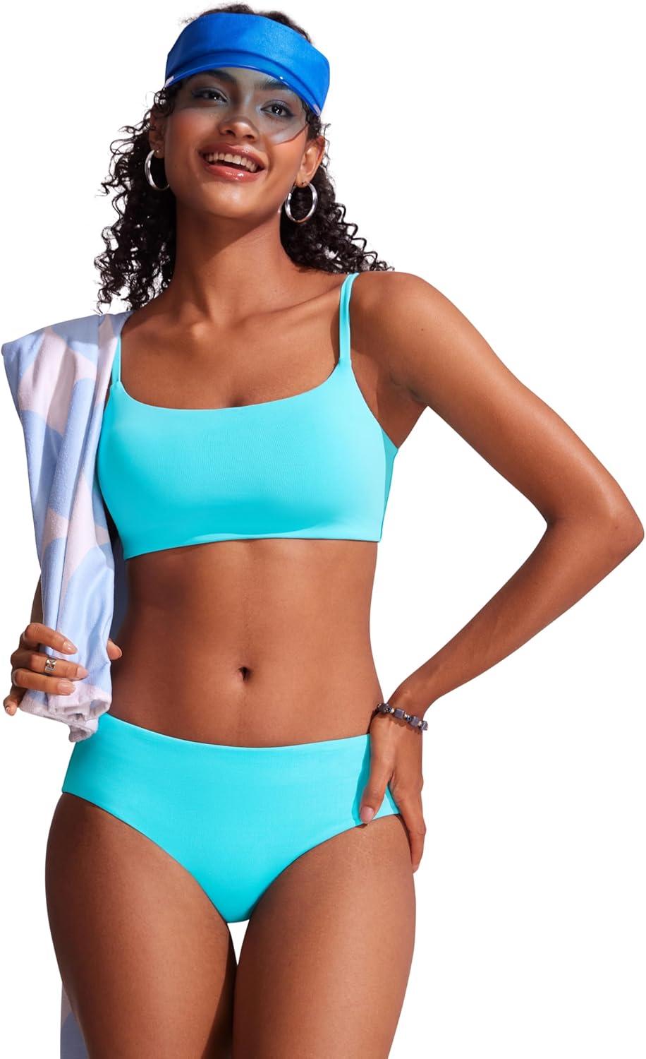 imageCRZ YOGA Mid Waisted Bikini Bottoms for Women Full Coverage Bathing Suit Swimsuit Basic Swim BriefsTurquoise