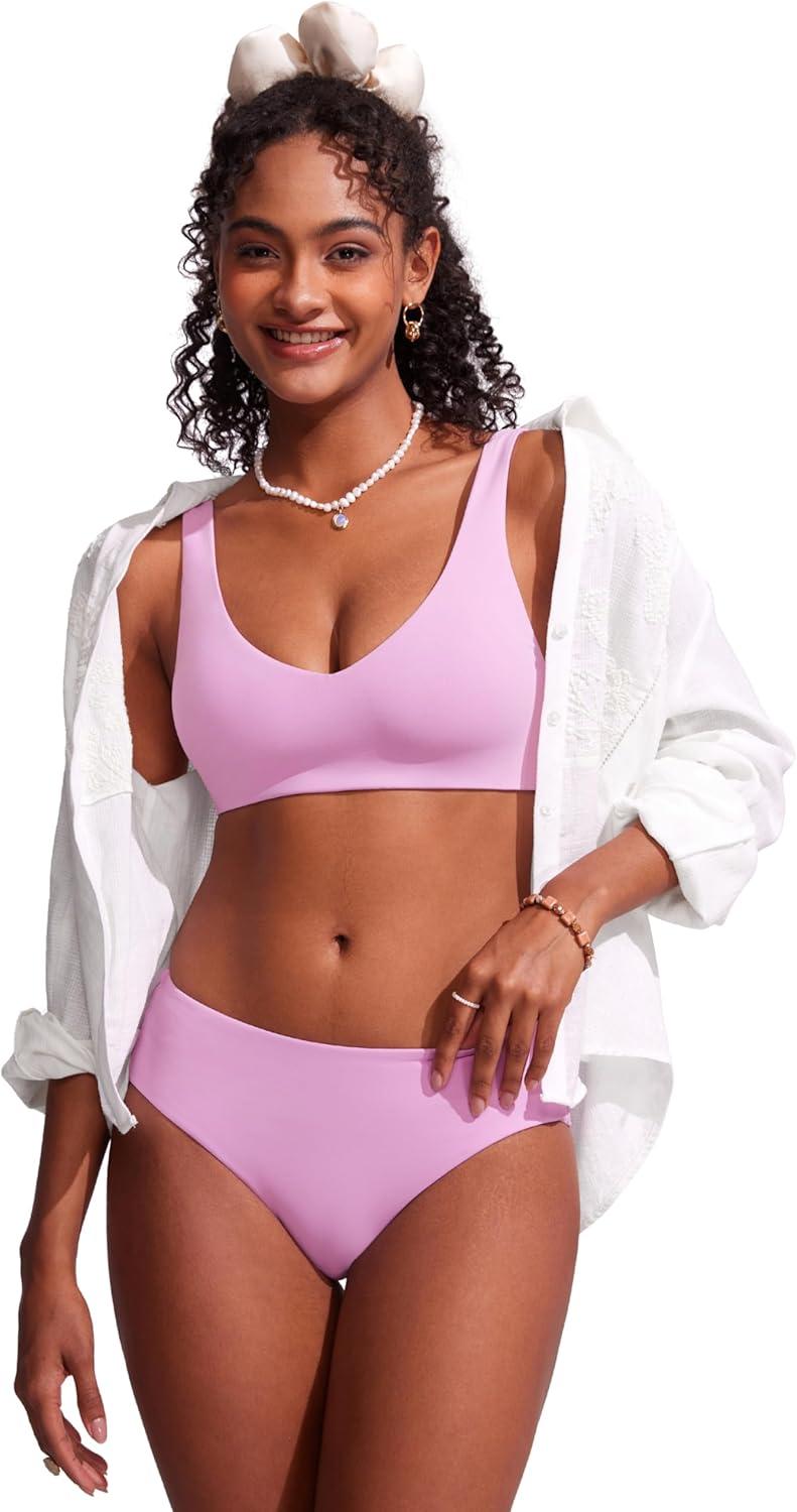imageCRZ YOGA Mid Waisted Bikini Bottoms for Women Full Coverage Bathing Suit Swimsuit Basic Swim BriefsVita Pink