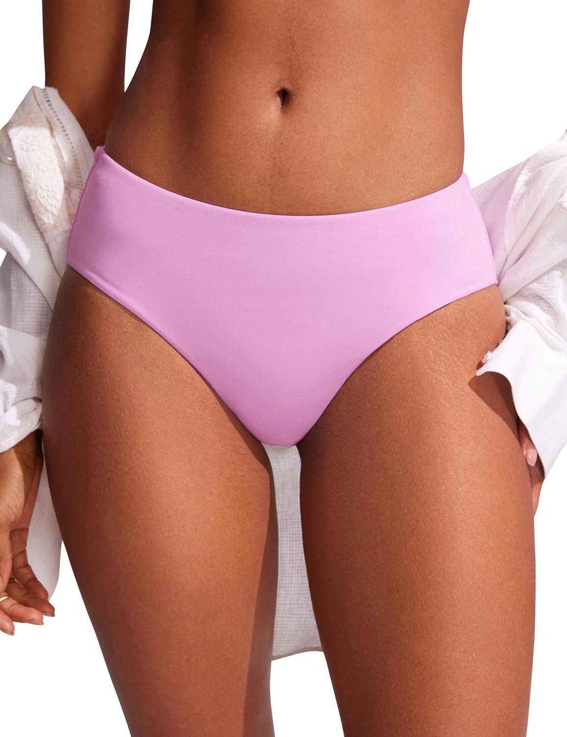 imageCRZ YOGA Mid Waisted Bikini Bottoms for Women Full Coverage Bathing Suit Swimsuit Basic Swim BriefsVita Pink