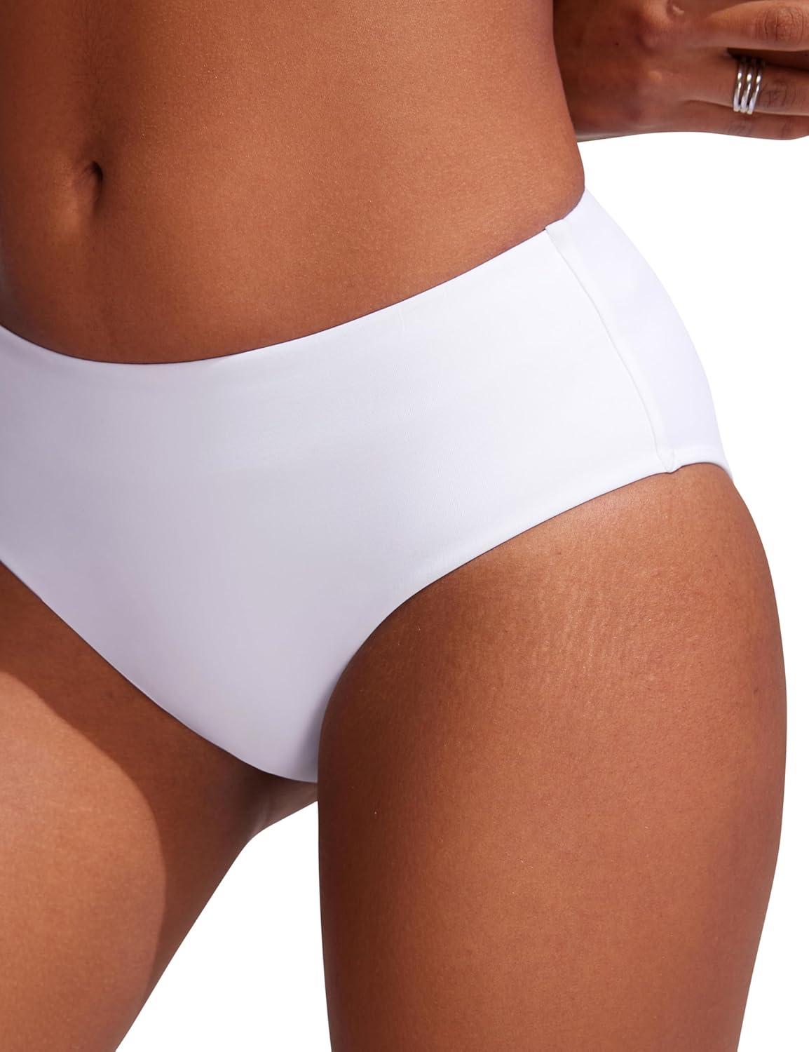 imageCRZ YOGA Mid Waisted Bikini Bottoms for Women Full Coverage Bathing Suit Swimsuit Basic Swim BriefsWhite