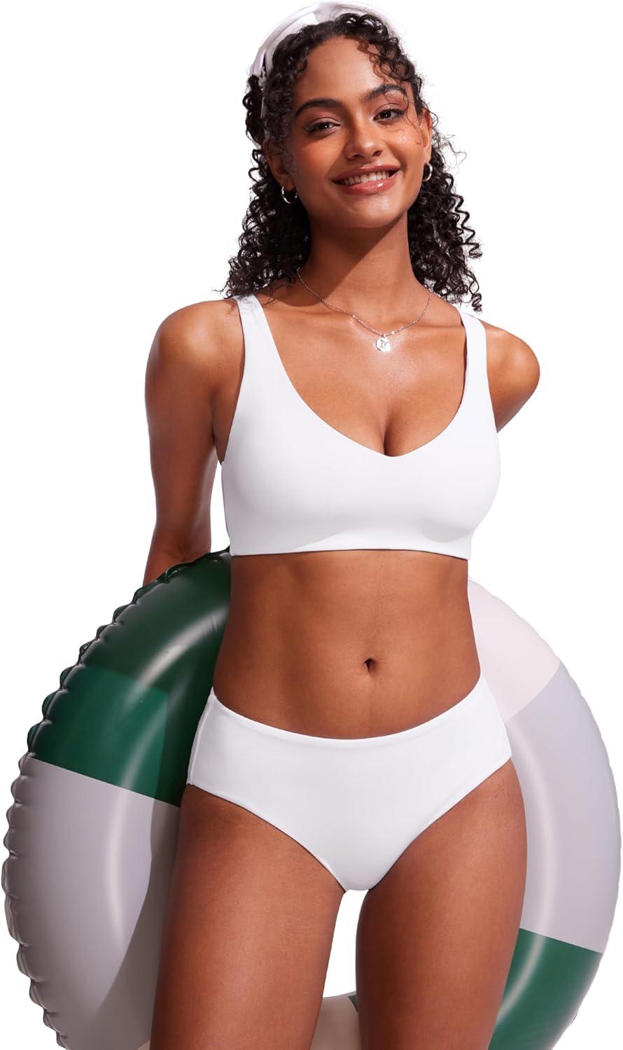 imageCRZ YOGA Mid Waisted Bikini Bottoms for Women Full Coverage Bathing Suit Swimsuit Basic Swim BriefsWhite