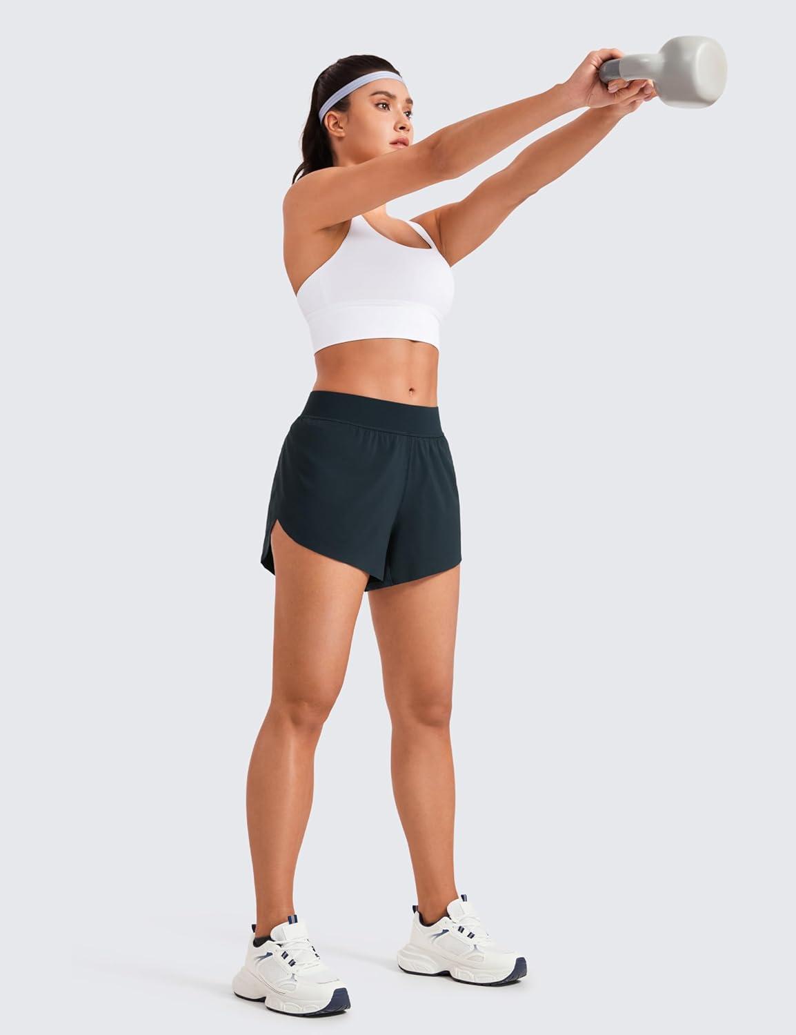 imageCRZ YOGA Mid Waisted Split Running Shorts for Women 4quot Comfy Mesh Liner for Workout Athletic Gym Track Quick DryTrue Navy