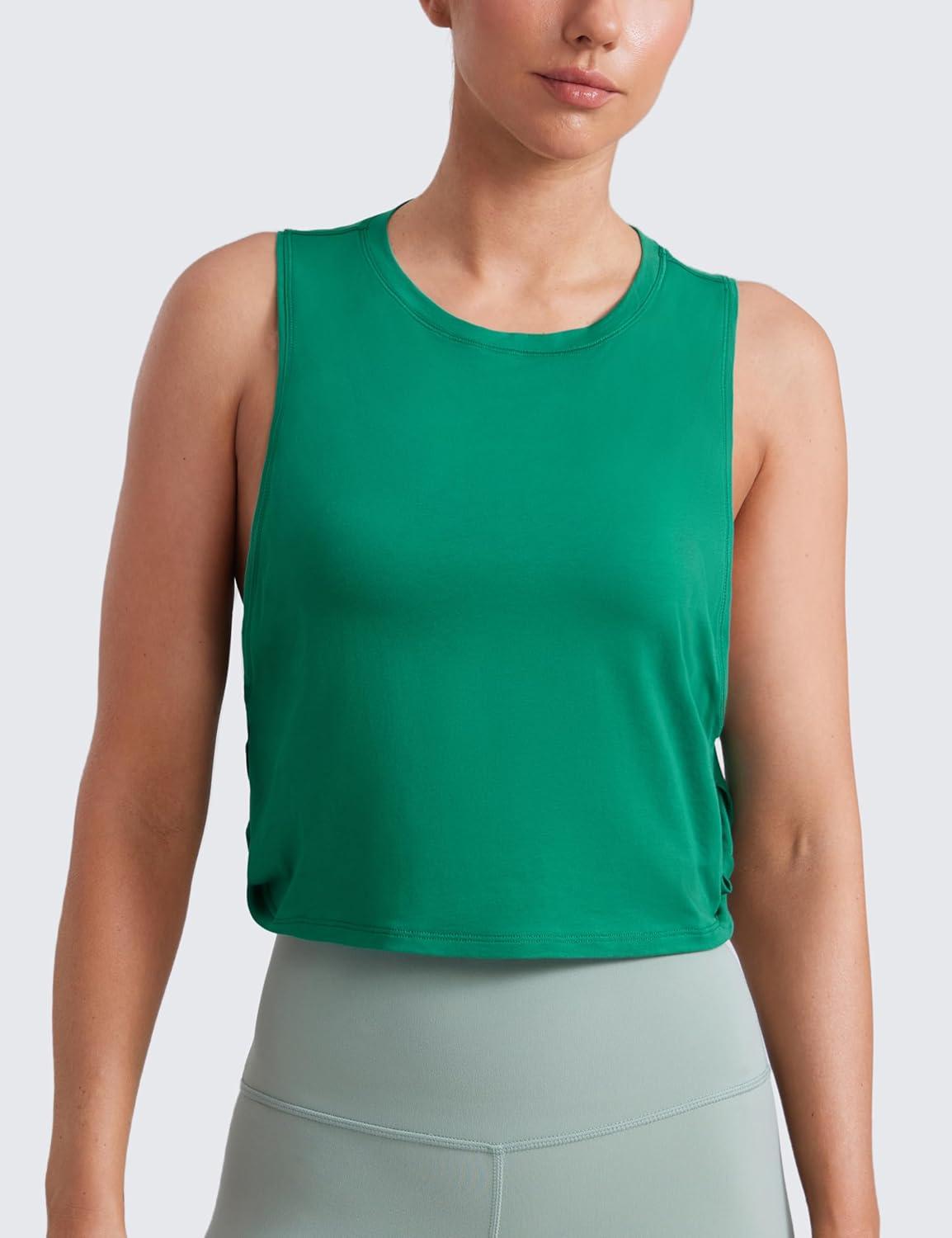imageCRZ YOGA Pima Cotton Large Armhole Tank Tops for Women Workout Sport Athletic Yoga Running Gym Loose Crop Sleeveless ShirtsCascadia Green