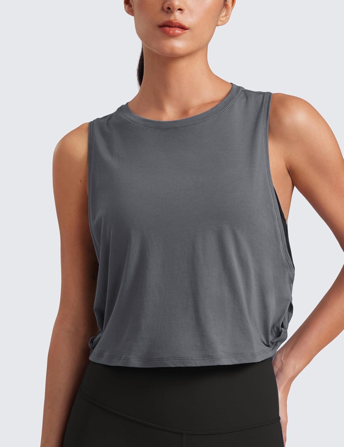 imageCRZ YOGA Pima Cotton Large Armhole Tank Tops for Women Workout Sport Athletic Yoga Running Gym Loose Crop Sleeveless ShirtsDark Carbon